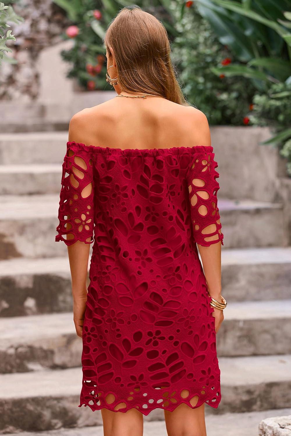 imagePRETTYGARDEN Womens Summer Off Shoulder Dresses Floral Lace Flare Short Sleeve Spring Vintage Elegant Mini DressWine Red