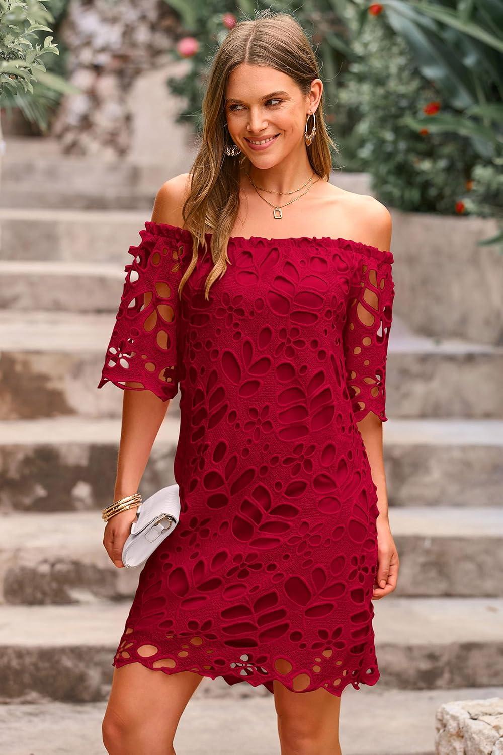 imagePRETTYGARDEN Womens Summer Off Shoulder Dresses Floral Lace Flare Short Sleeve Spring Vintage Elegant Mini DressWine Red