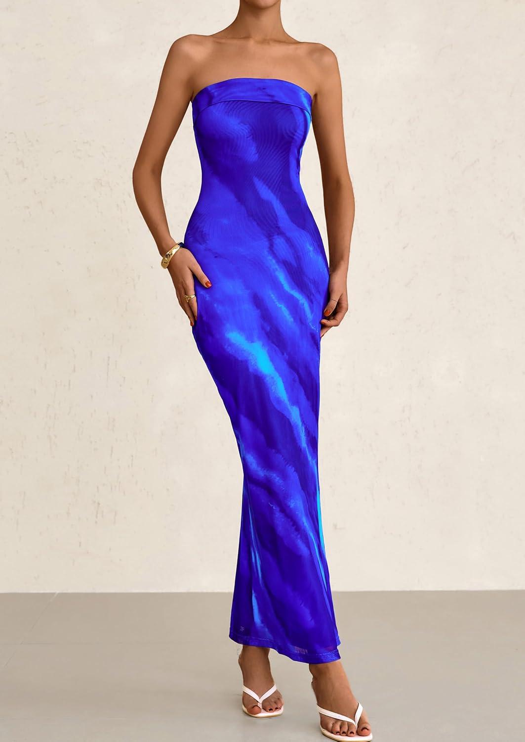 imagePRETTYGARDEN Womens Summer Printed Tube Maxi Dress Strapless Bodycon Sleeveless Long Beach Vacation DressesBlue Watercolour