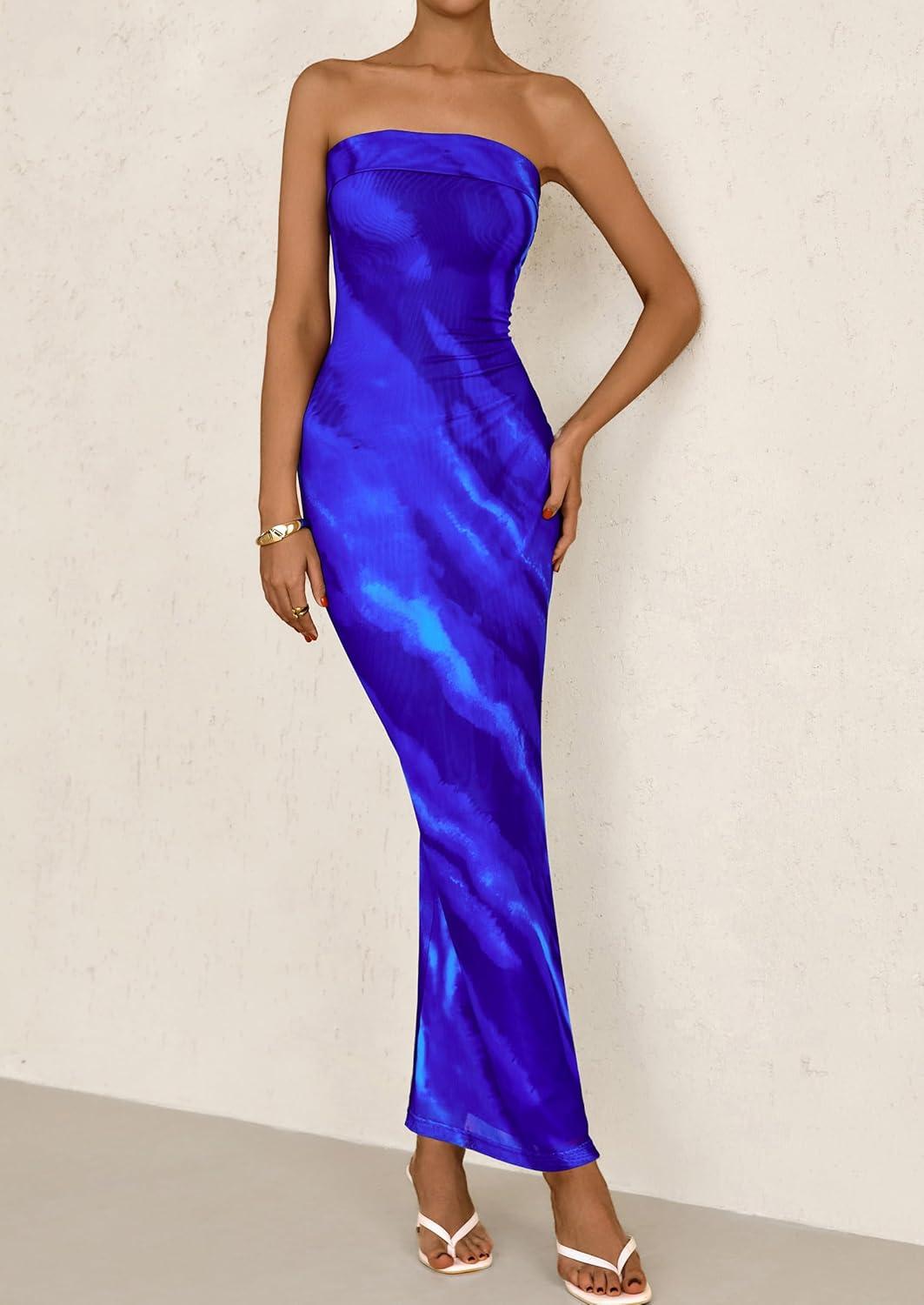 imagePRETTYGARDEN Womens Summer Printed Tube Maxi Dress Strapless Bodycon Sleeveless Long Beach Vacation DressesBlue Watercolour