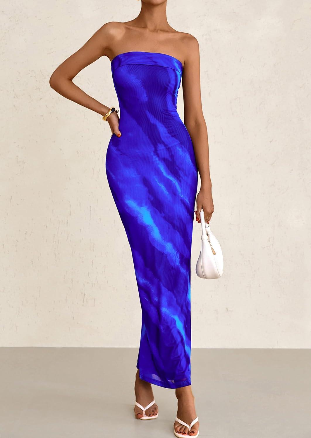 imagePRETTYGARDEN Womens Summer Printed Tube Maxi Dress Strapless Bodycon Sleeveless Long Beach Vacation DressesBlue Watercolour
