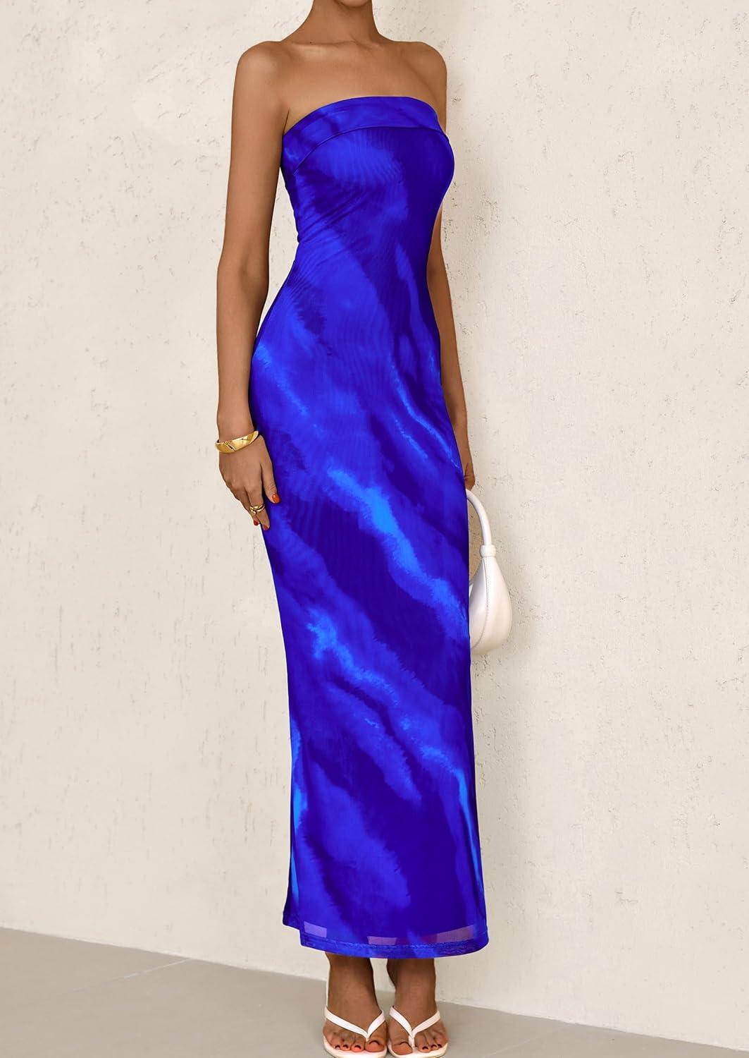 imagePRETTYGARDEN Womens Summer Printed Tube Maxi Dress Strapless Bodycon Sleeveless Long Beach Vacation DressesBlue Watercolour