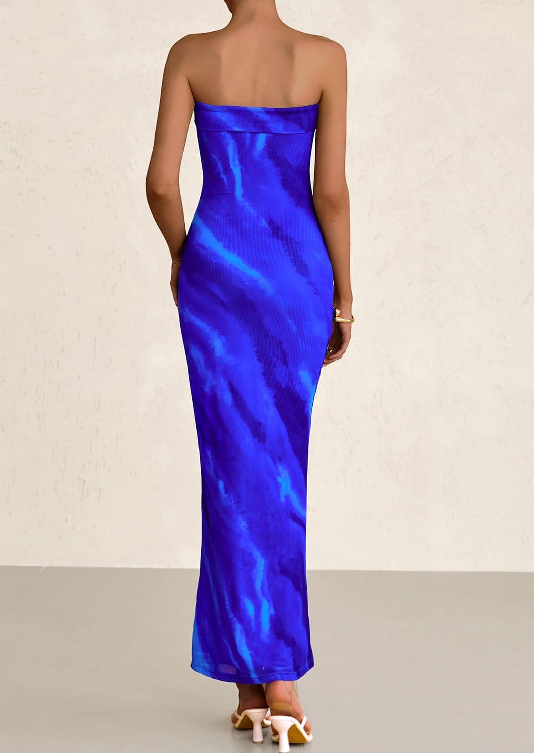 imagePRETTYGARDEN Womens Summer Printed Tube Maxi Dress Strapless Bodycon Sleeveless Long Beach Vacation DressesBlue Watercolour