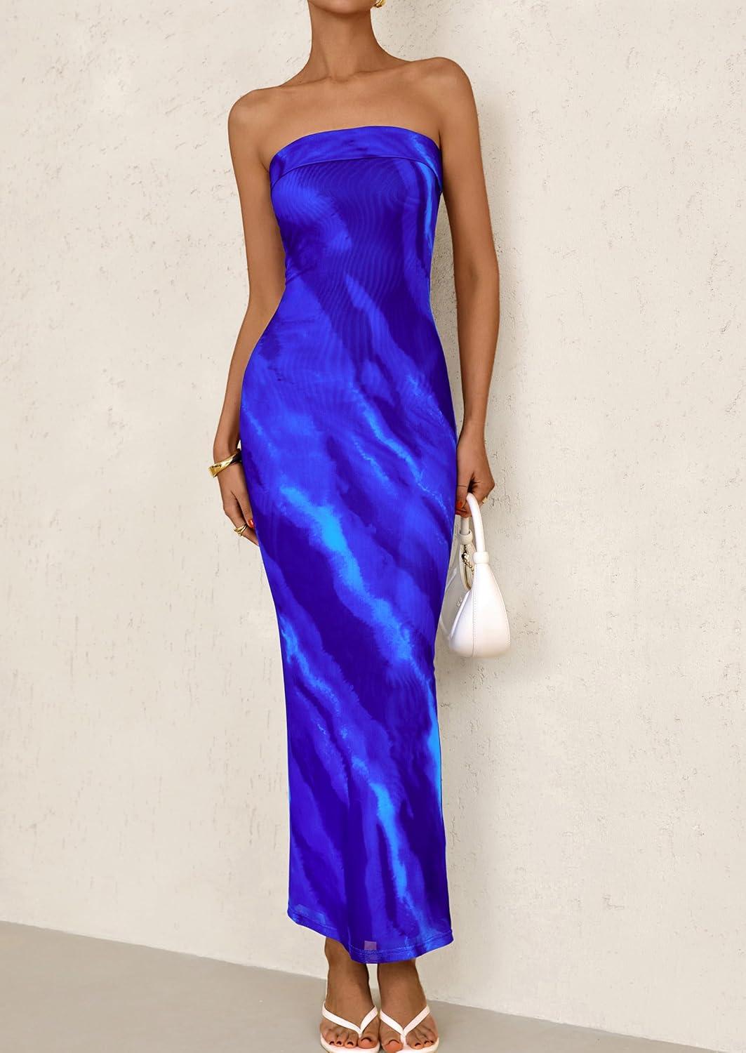 imagePRETTYGARDEN Womens Summer Printed Tube Maxi Dress Strapless Bodycon Sleeveless Long Beach Vacation DressesBlue Watercolour