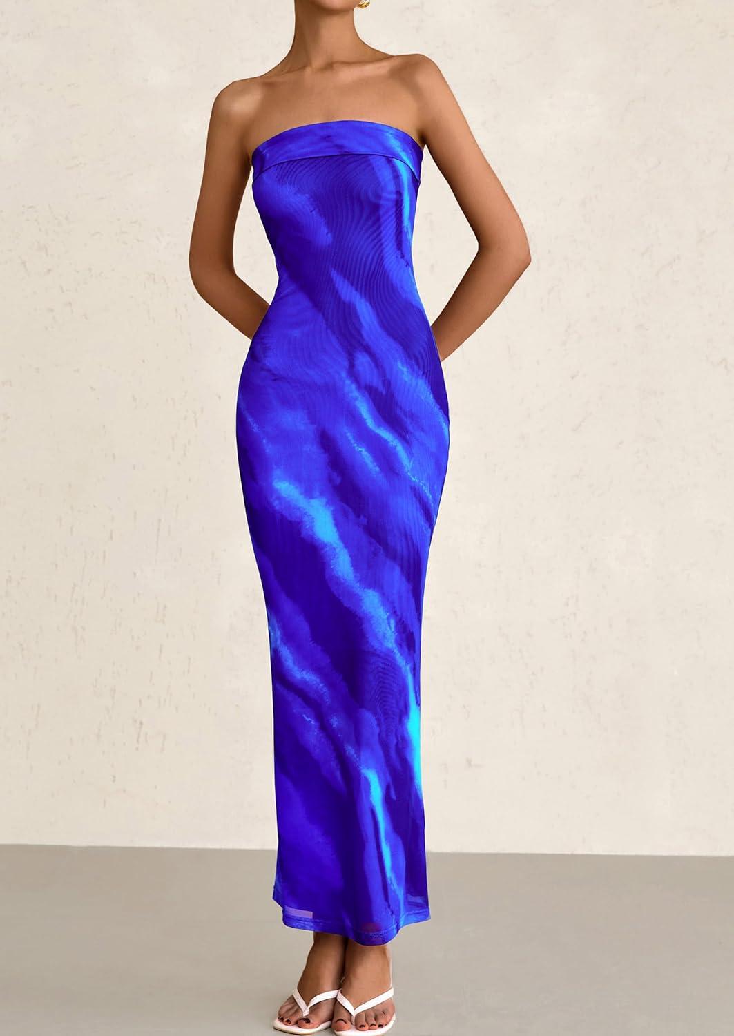 imagePRETTYGARDEN Womens Summer Printed Tube Maxi Dress Strapless Bodycon Sleeveless Long Beach Vacation DressesBlue Watercolour