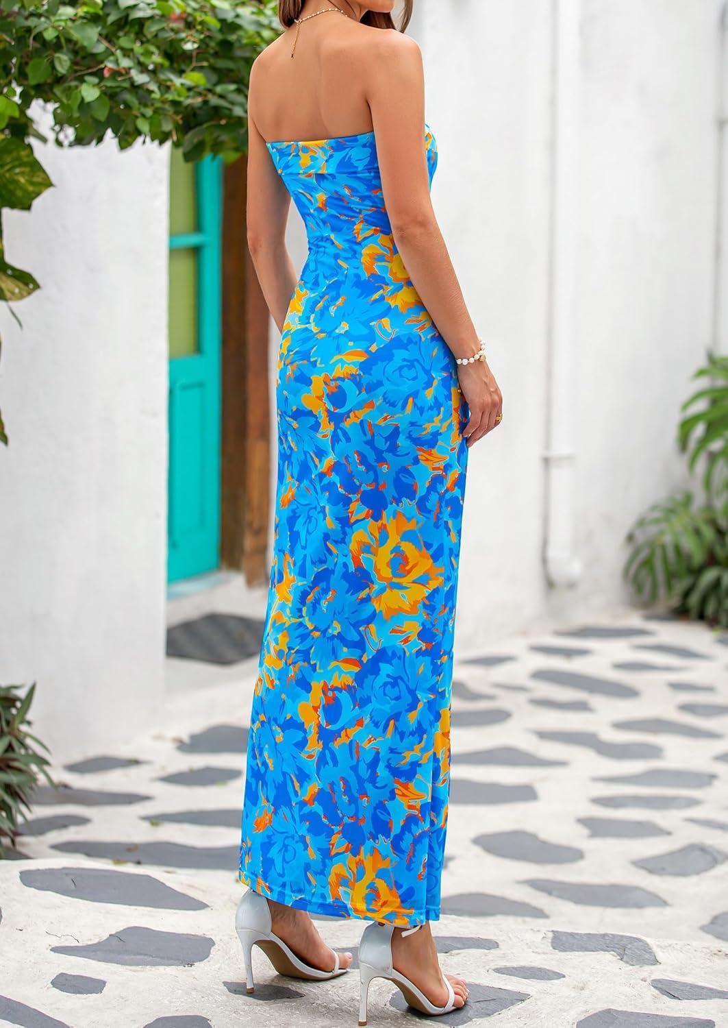 imagePRETTYGARDEN Womens Summer Printed Tube Maxi Dress Strapless Bodycon Sleeveless Long Beach Vacation DressesFloral Light Blue