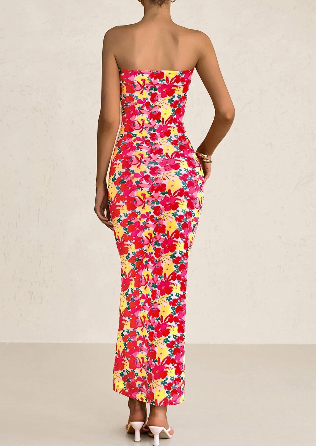 imagePRETTYGARDEN Womens Summer Printed Tube Maxi Dress Strapless Bodycon Sleeveless Long Beach Vacation DressesFloral Red Yellow