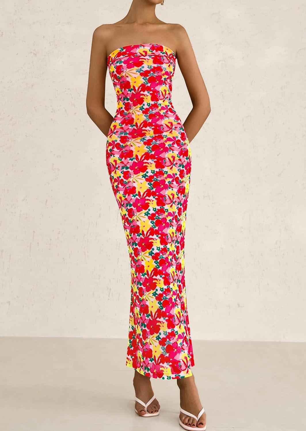 imagePRETTYGARDEN Womens Summer Printed Tube Maxi Dress Strapless Bodycon Sleeveless Long Beach Vacation DressesFloral Red Yellow