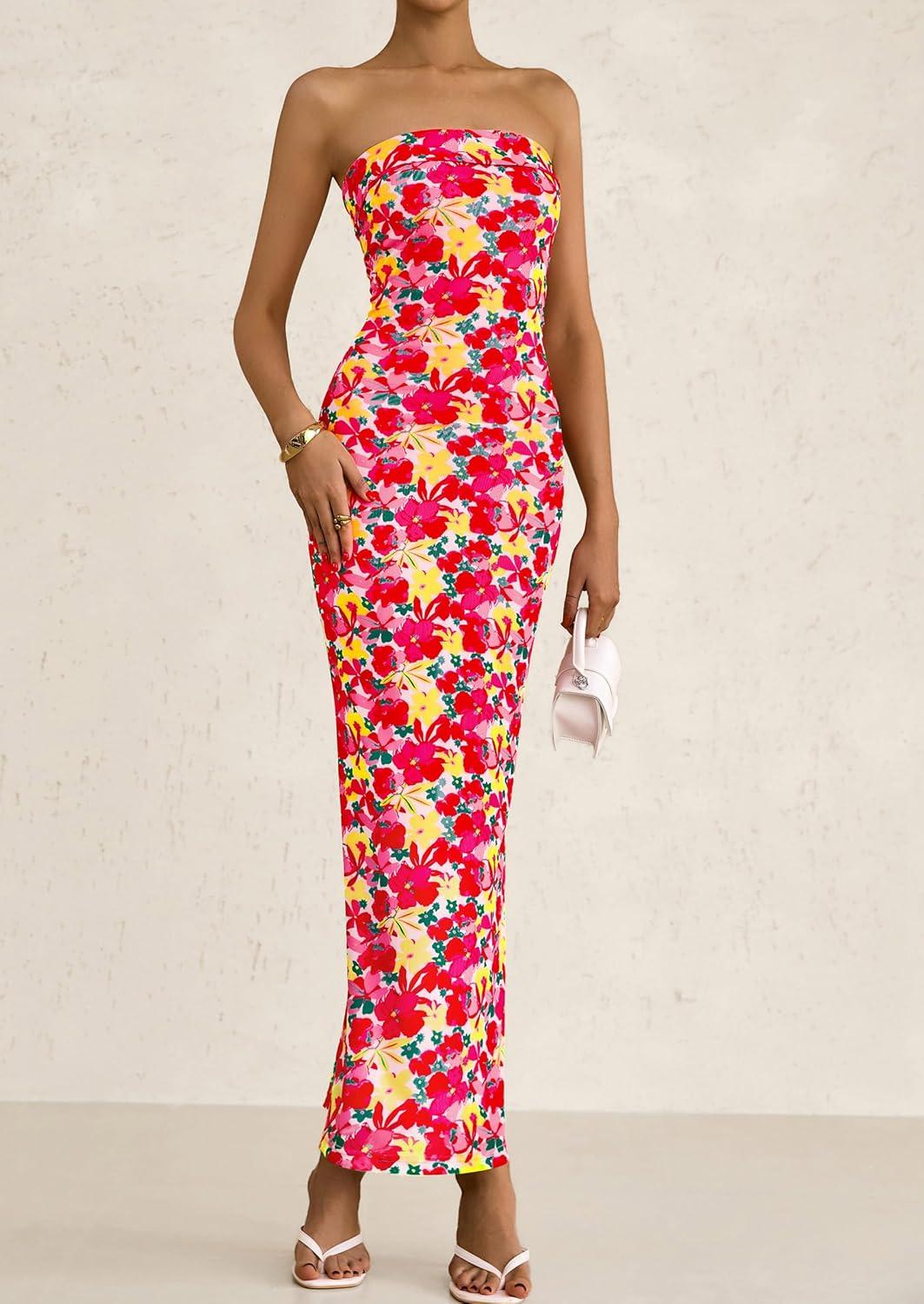 imagePRETTYGARDEN Womens Summer Printed Tube Maxi Dress Strapless Bodycon Sleeveless Long Beach Vacation DressesFloral Red Yellow
