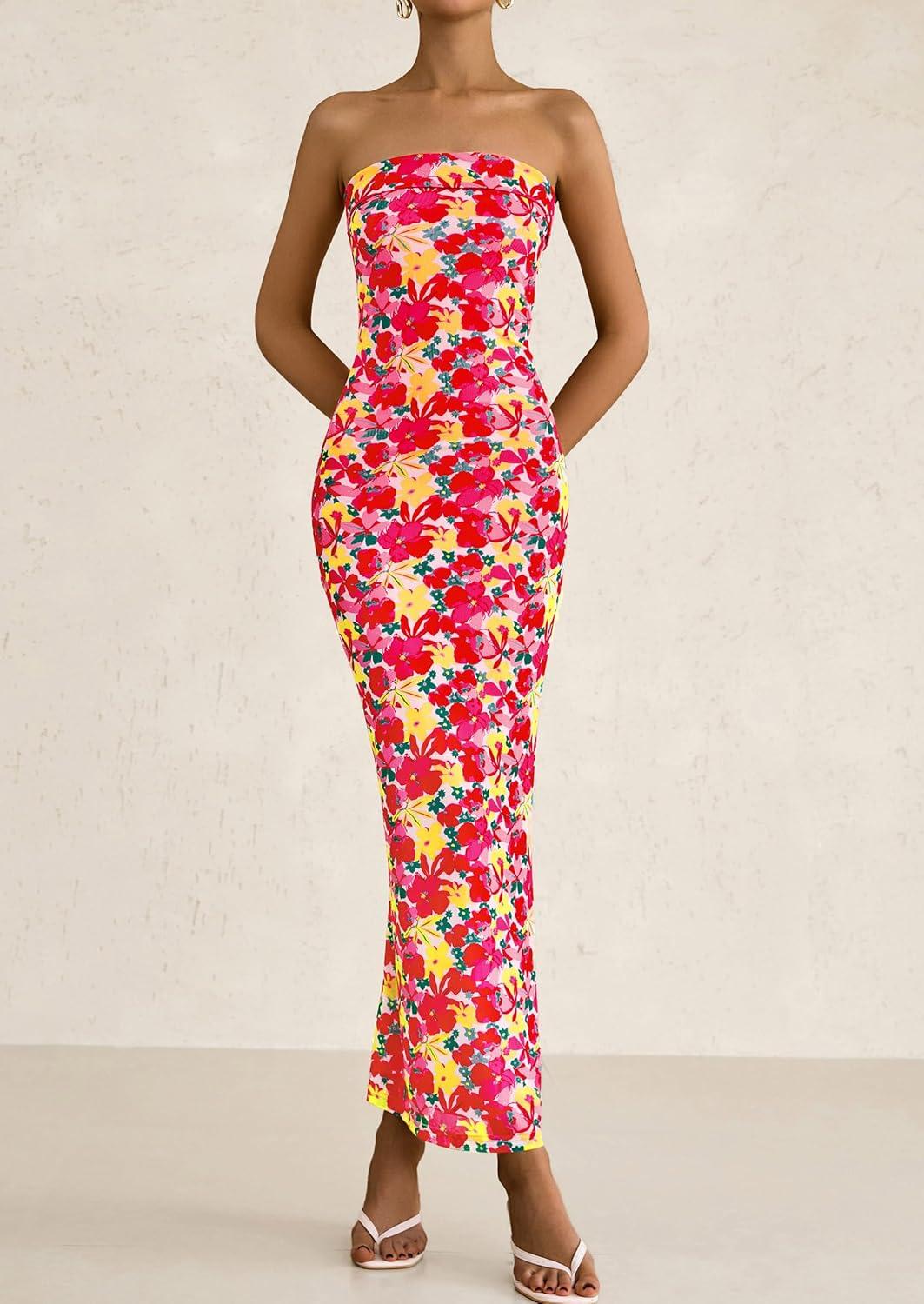 imagePRETTYGARDEN Womens Summer Printed Tube Maxi Dress Strapless Bodycon Sleeveless Long Beach Vacation DressesFloral Red Yellow