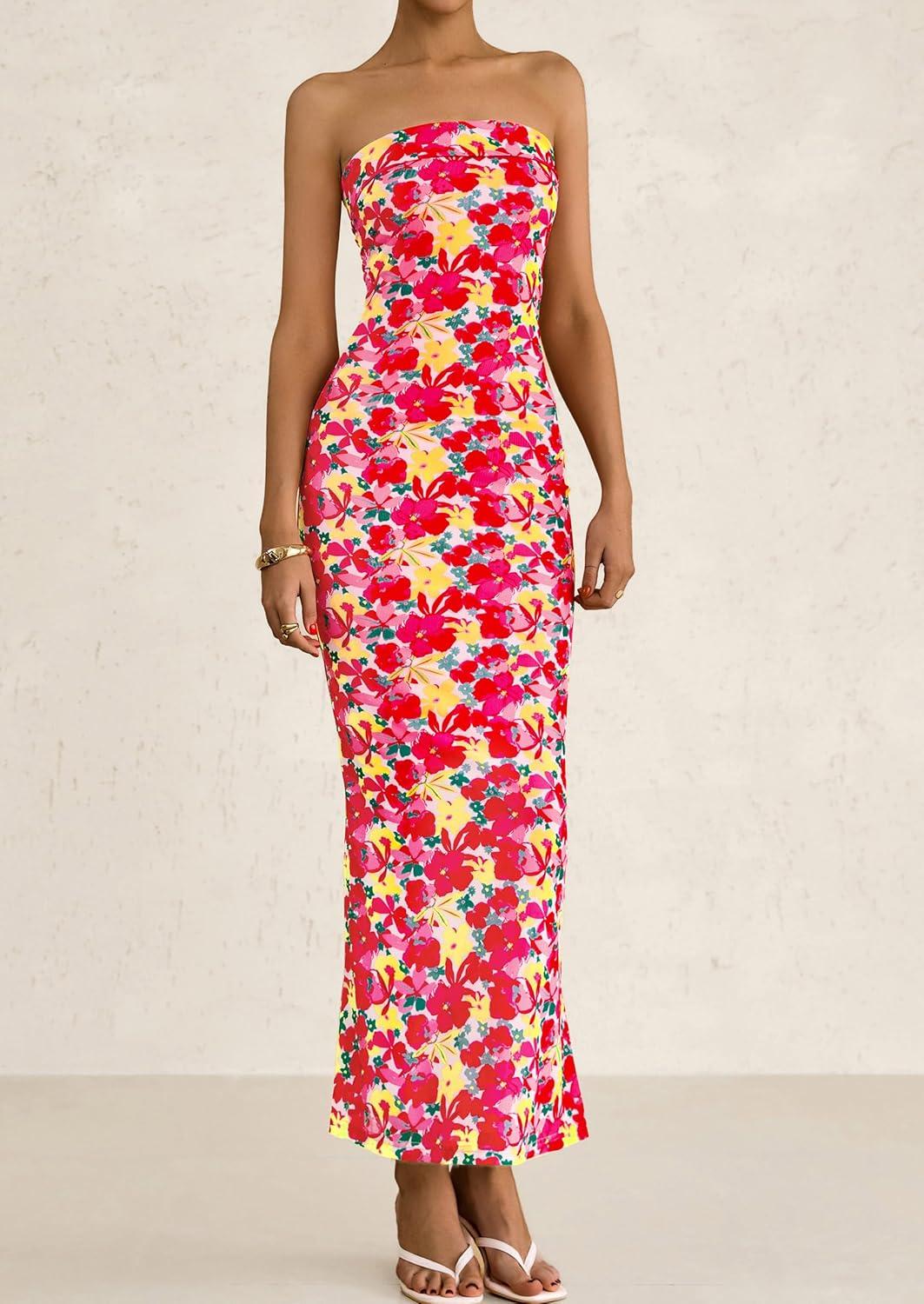 imagePRETTYGARDEN Womens Summer Printed Tube Maxi Dress Strapless Bodycon Sleeveless Long Beach Vacation DressesFloral Red Yellow