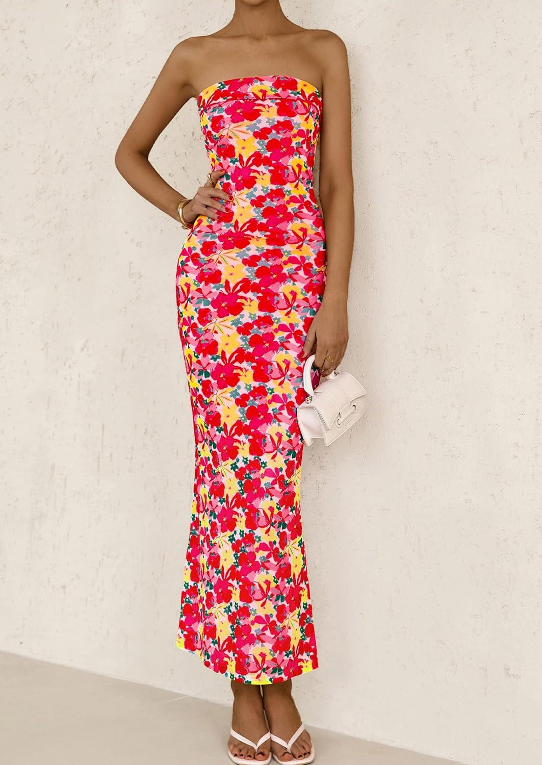 imagePRETTYGARDEN Womens Summer Printed Tube Maxi Dress Strapless Bodycon Sleeveless Long Beach Vacation DressesFloral Red Yellow