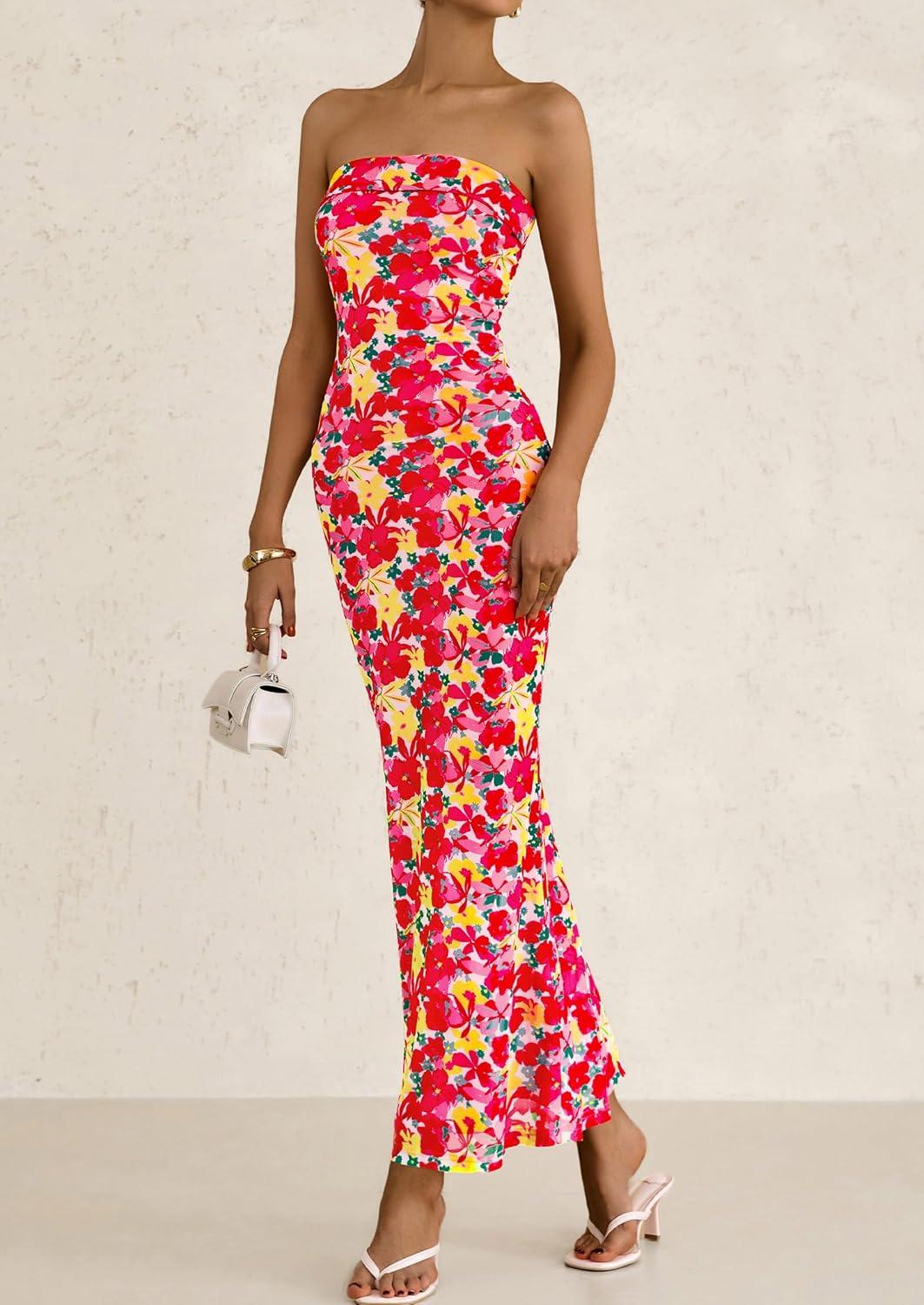 imagePRETTYGARDEN Womens Summer Printed Tube Maxi Dress Strapless Bodycon Sleeveless Long Beach Vacation DressesFloral Red Yellow
