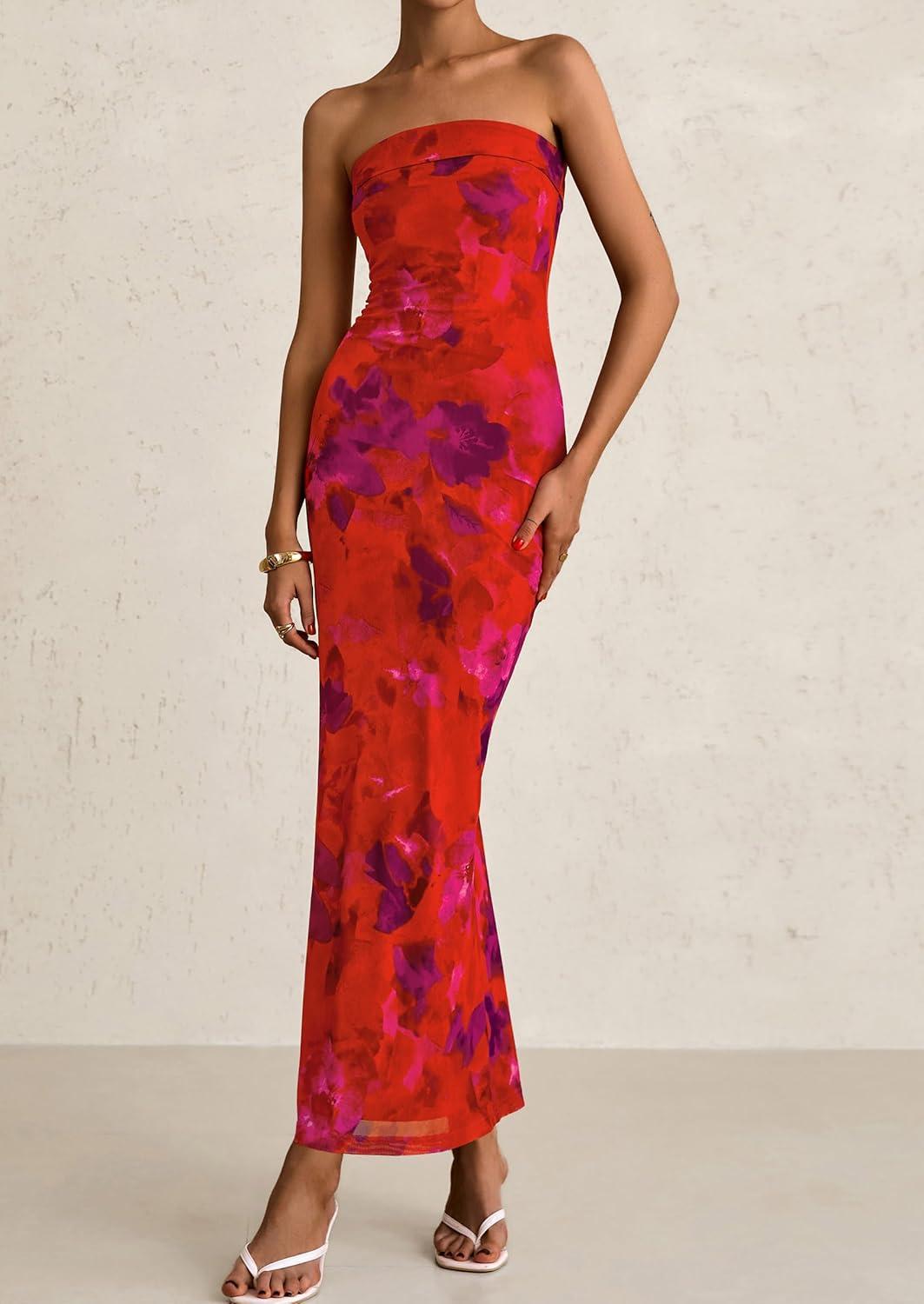 imagePRETTYGARDEN Womens Summer Printed Tube Maxi Dress Strapless Bodycon Sleeveless Long Beach Vacation DressesFloral Rust Red
