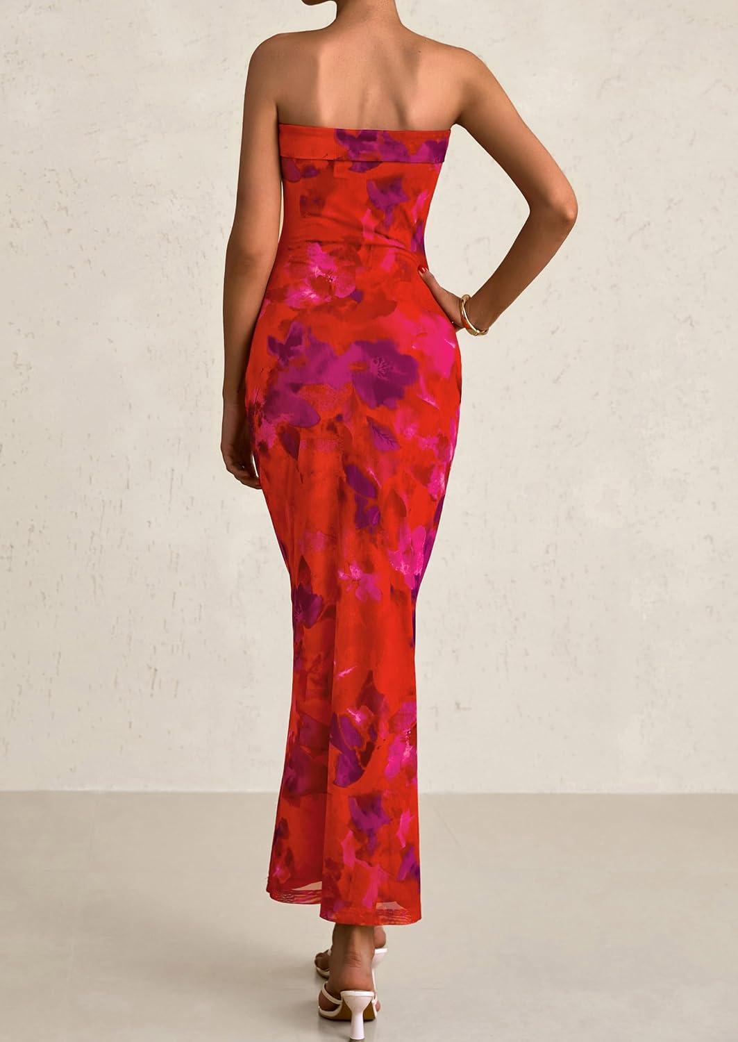 imagePRETTYGARDEN Womens Summer Printed Tube Maxi Dress Strapless Bodycon Sleeveless Long Beach Vacation DressesFloral Rust Red
