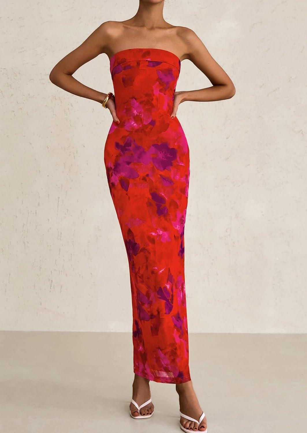 imagePRETTYGARDEN Womens Summer Printed Tube Maxi Dress Strapless Bodycon Sleeveless Long Beach Vacation DressesFloral Rust Red