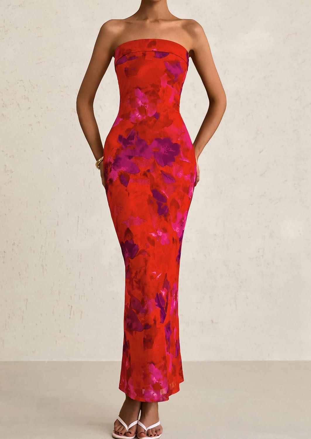imagePRETTYGARDEN Womens Summer Printed Tube Maxi Dress Strapless Bodycon Sleeveless Long Beach Vacation DressesFloral Rust Red