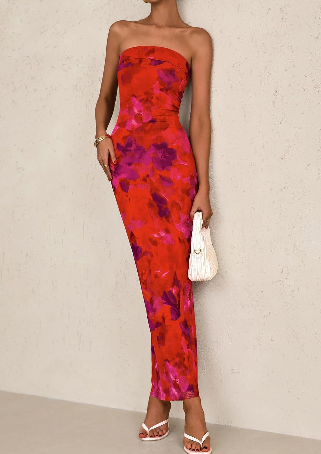 imagePRETTYGARDEN Womens Summer Printed Tube Maxi Dress Strapless Bodycon Sleeveless Long Beach Vacation DressesFloral Rust Red