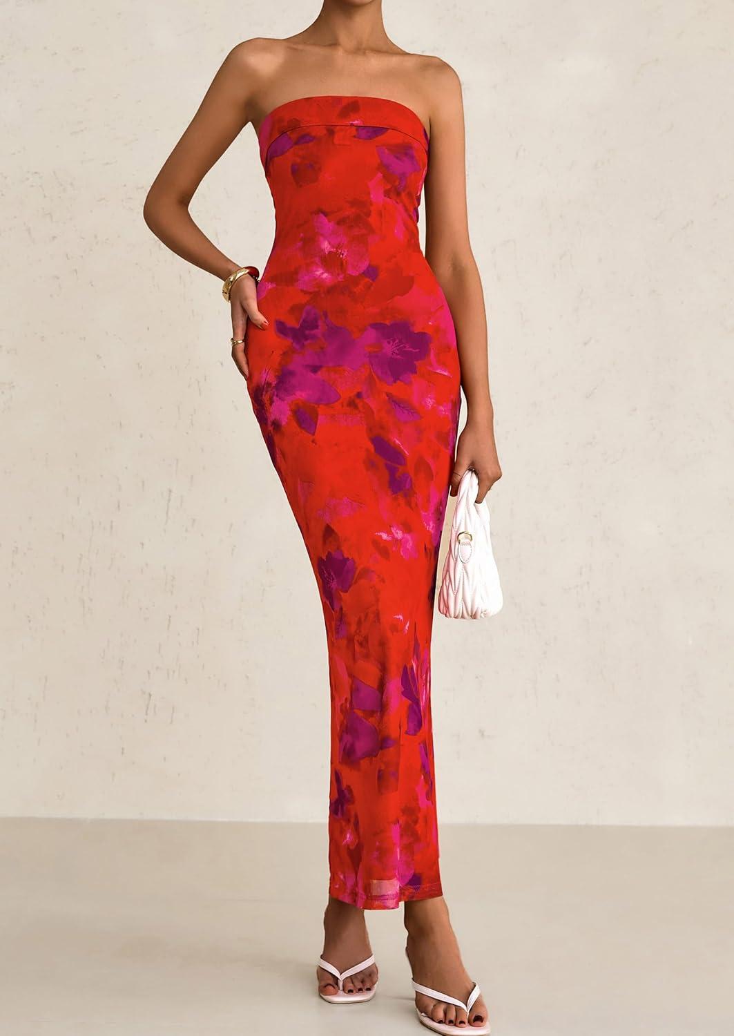 imagePRETTYGARDEN Womens Summer Printed Tube Maxi Dress Strapless Bodycon Sleeveless Long Beach Vacation DressesFloral Rust Red