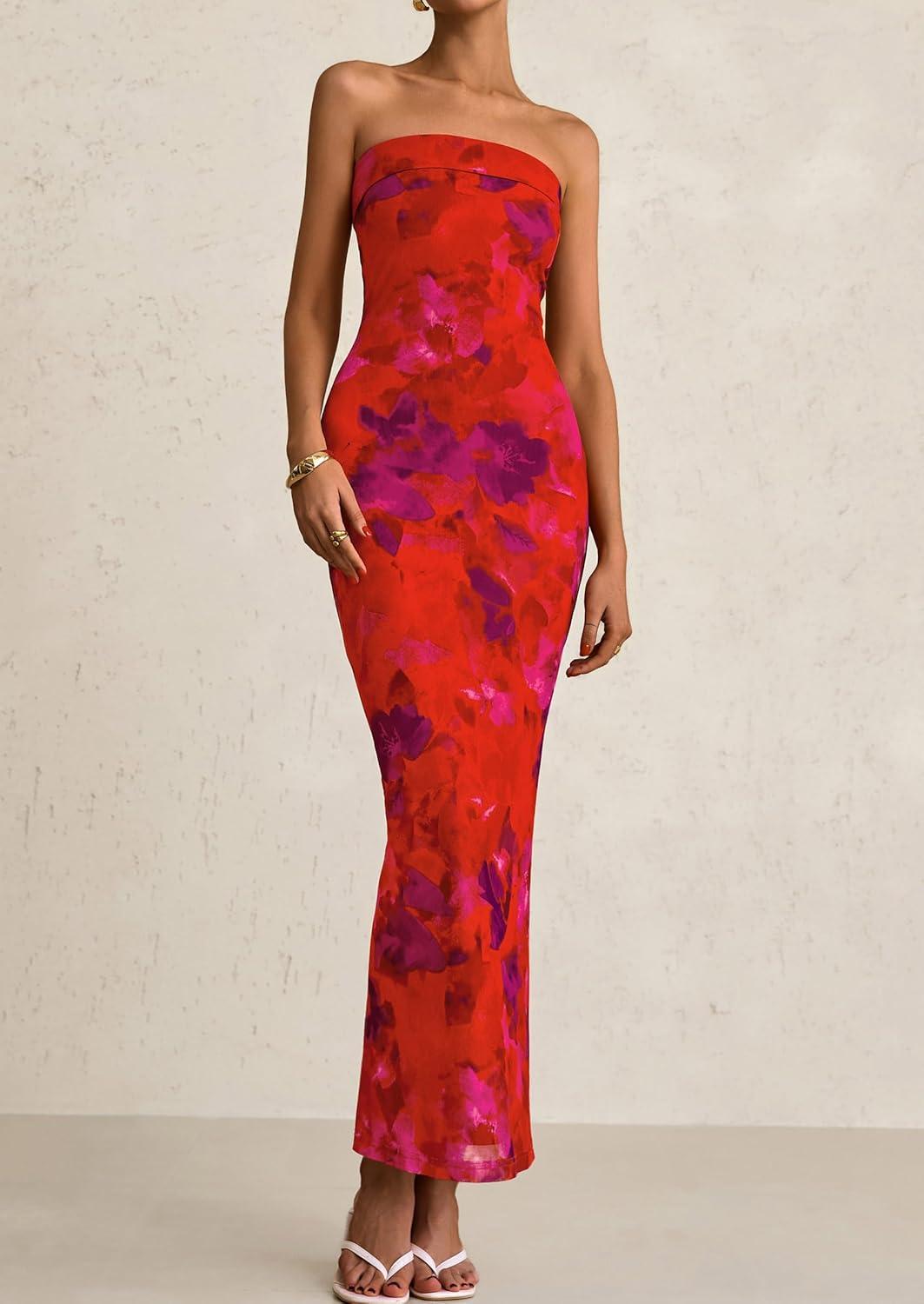 imagePRETTYGARDEN Womens Summer Printed Tube Maxi Dress Strapless Bodycon Sleeveless Long Beach Vacation DressesFloral Rust Red