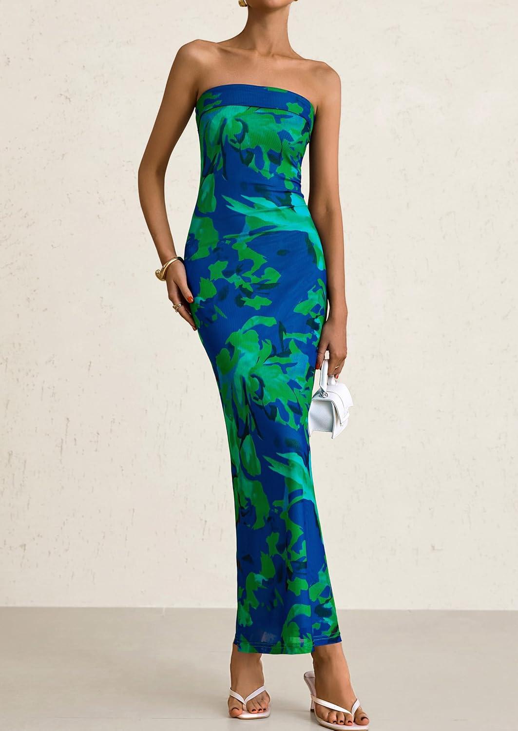 imagePRETTYGARDEN Womens Summer Printed Tube Maxi Dress Strapless Bodycon Sleeveless Long Beach Vacation DressesGreen Floral
