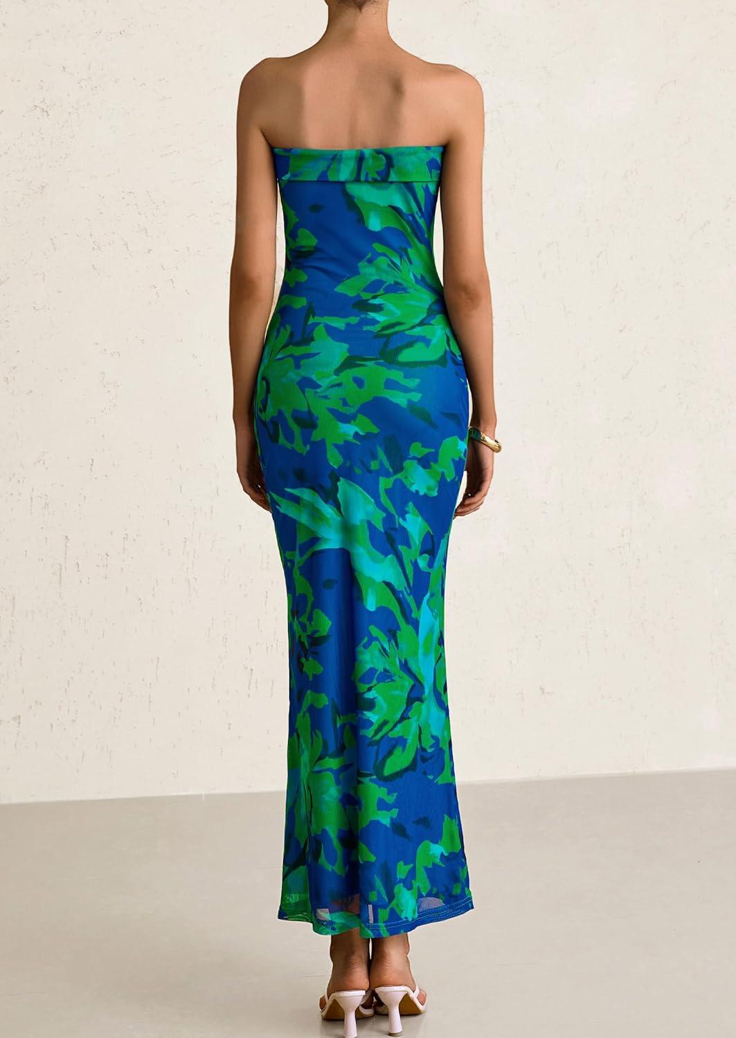imagePRETTYGARDEN Womens Summer Printed Tube Maxi Dress Strapless Bodycon Sleeveless Long Beach Vacation DressesGreen Floral