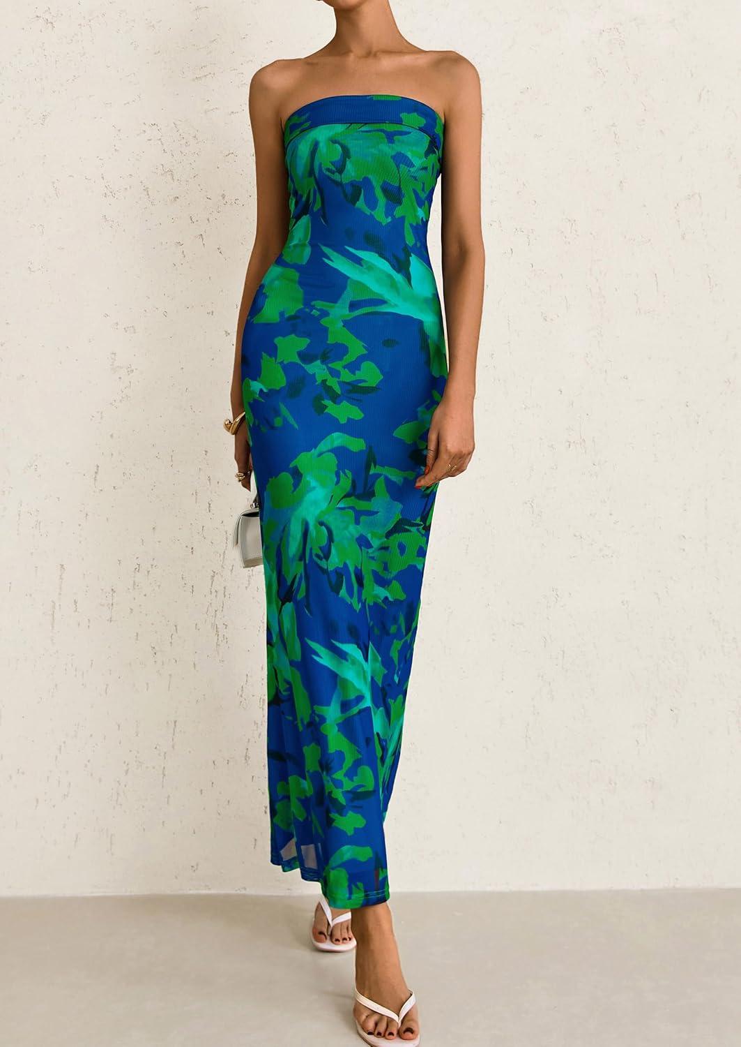 imagePRETTYGARDEN Womens Summer Printed Tube Maxi Dress Strapless Bodycon Sleeveless Long Beach Vacation DressesGreen Floral