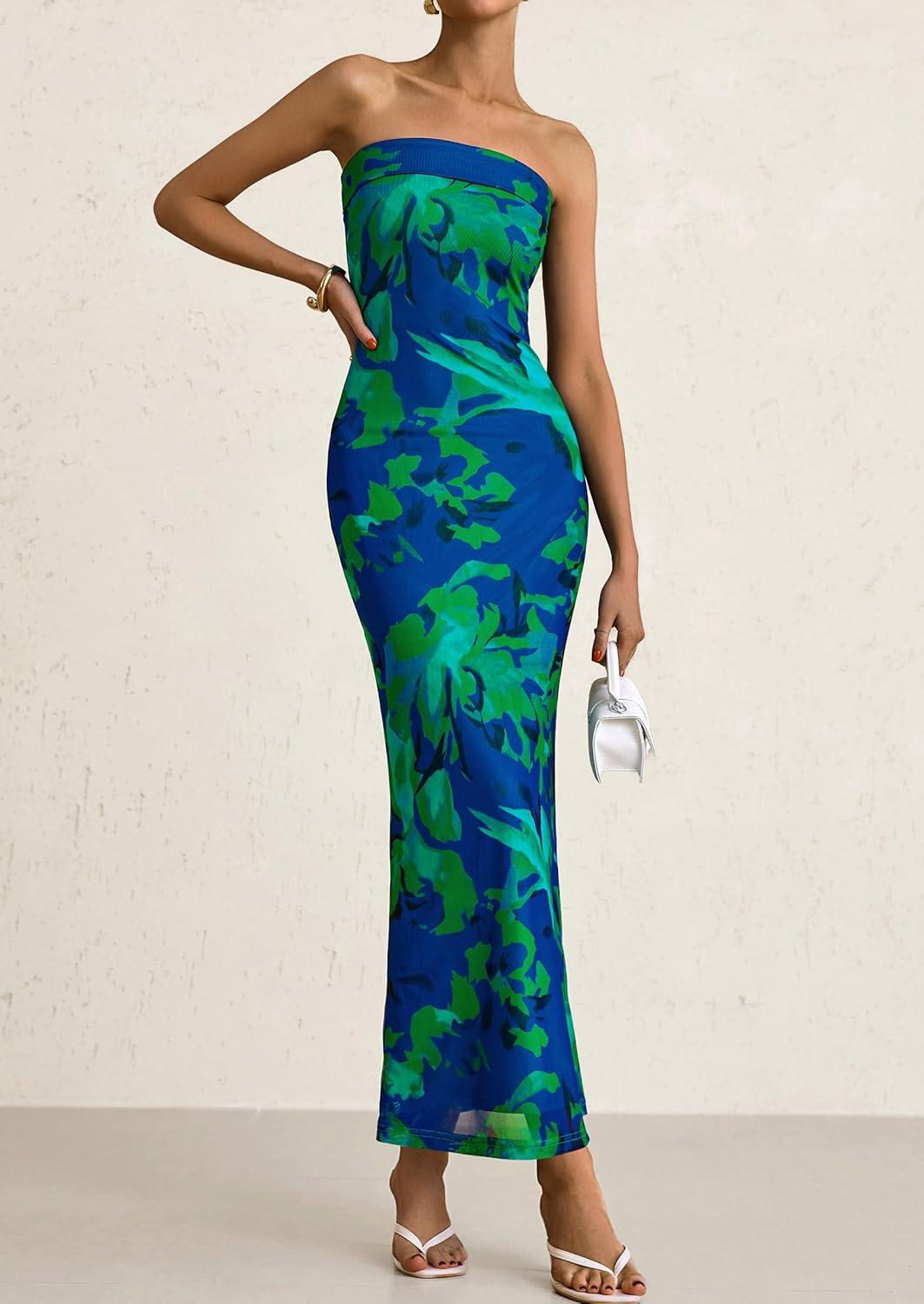 imagePRETTYGARDEN Womens Summer Printed Tube Maxi Dress Strapless Bodycon Sleeveless Long Beach Vacation DressesGreen Floral