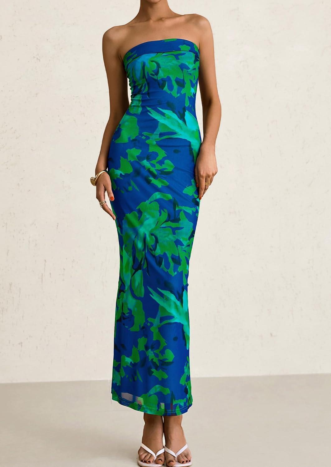 imagePRETTYGARDEN Womens Summer Printed Tube Maxi Dress Strapless Bodycon Sleeveless Long Beach Vacation DressesGreen Floral