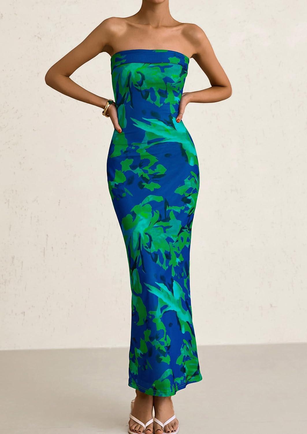 imagePRETTYGARDEN Womens Summer Printed Tube Maxi Dress Strapless Bodycon Sleeveless Long Beach Vacation DressesGreen Floral