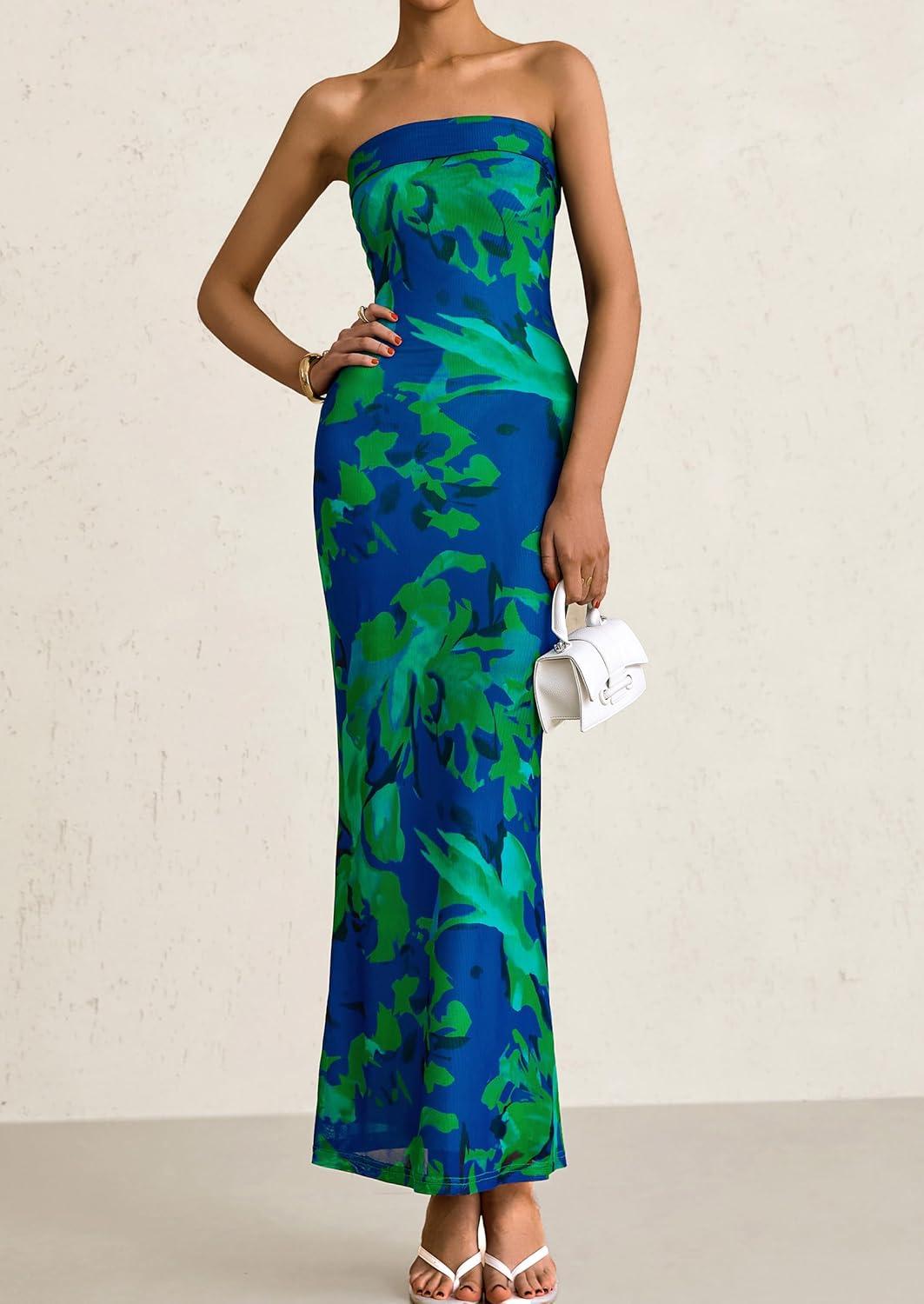 imagePRETTYGARDEN Womens Summer Printed Tube Maxi Dress Strapless Bodycon Sleeveless Long Beach Vacation DressesGreen Floral