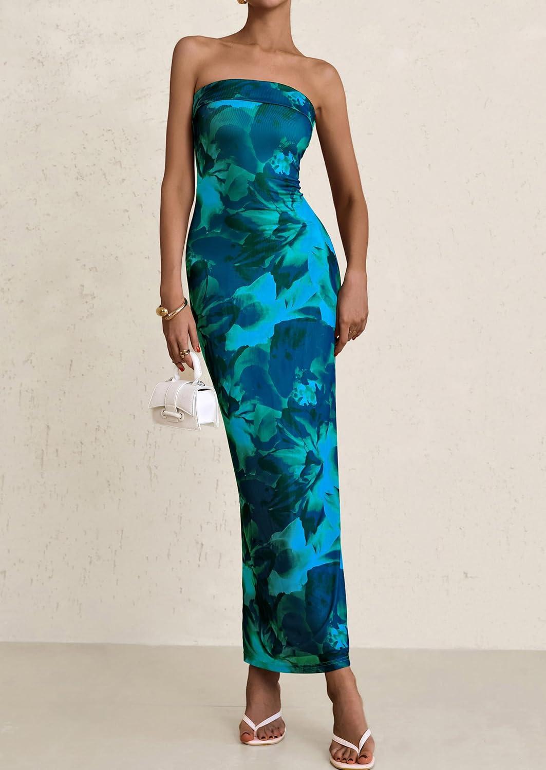 imagePRETTYGARDEN Womens Summer Printed Tube Maxi Dress Strapless Bodycon Sleeveless Long Beach Vacation DressesLake Blue Floral