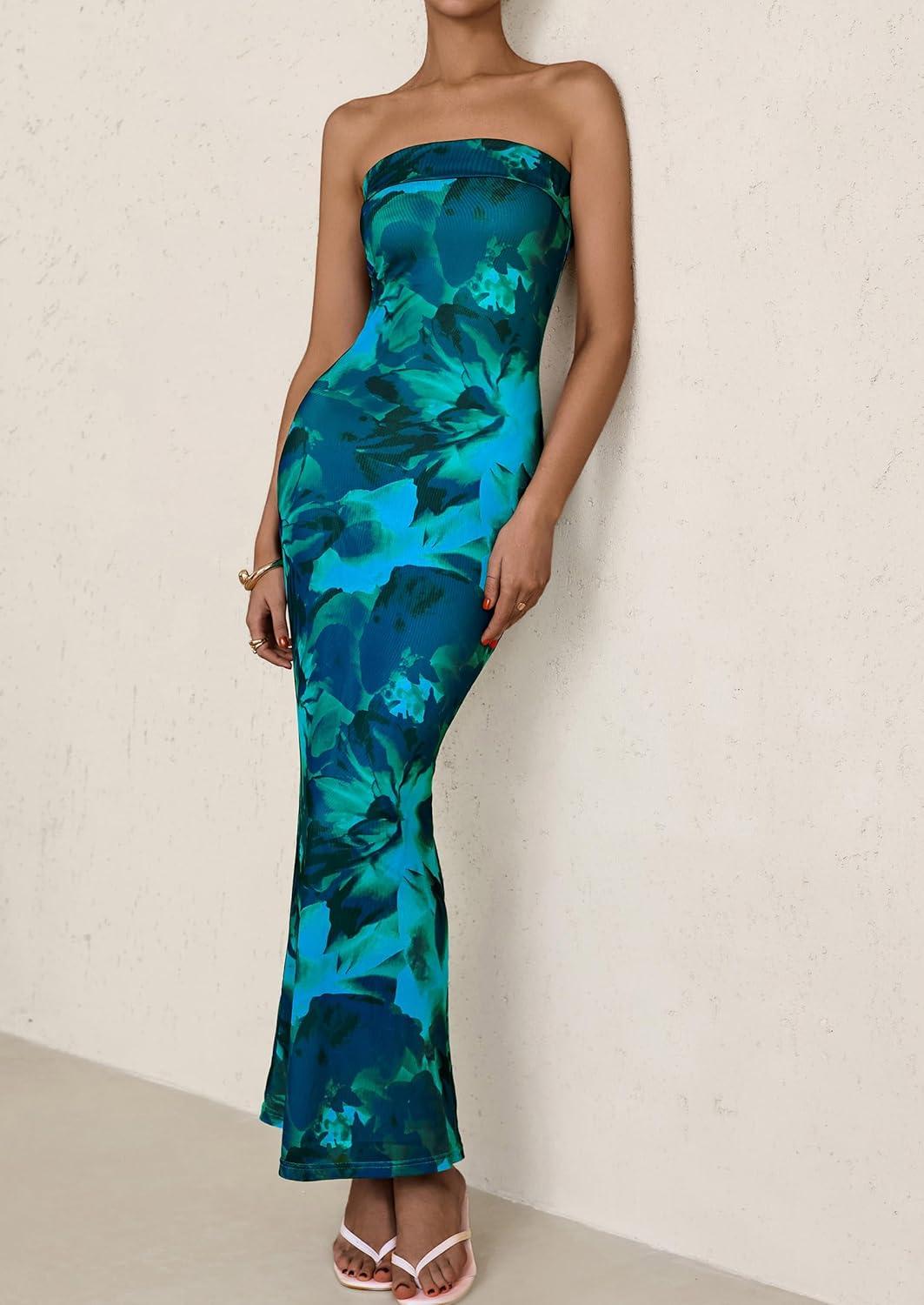 imagePRETTYGARDEN Womens Summer Printed Tube Maxi Dress Strapless Bodycon Sleeveless Long Beach Vacation DressesLake Blue Floral