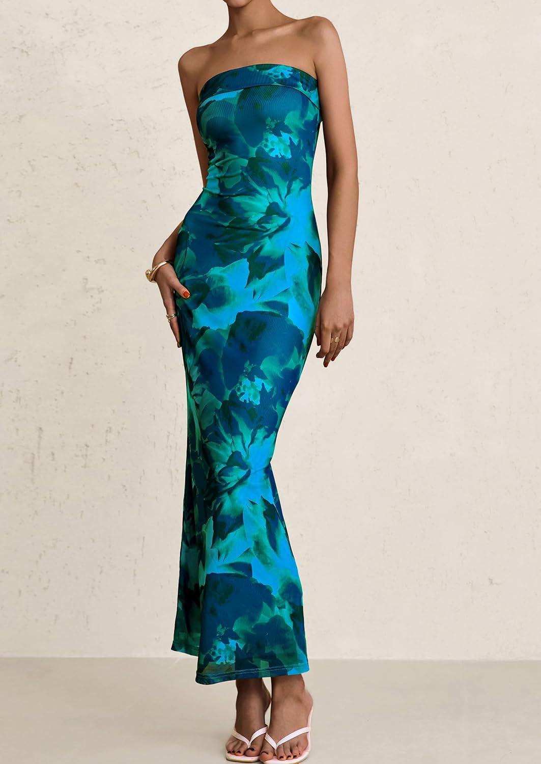 imagePRETTYGARDEN Womens Summer Printed Tube Maxi Dress Strapless Bodycon Sleeveless Long Beach Vacation DressesLake Blue Floral