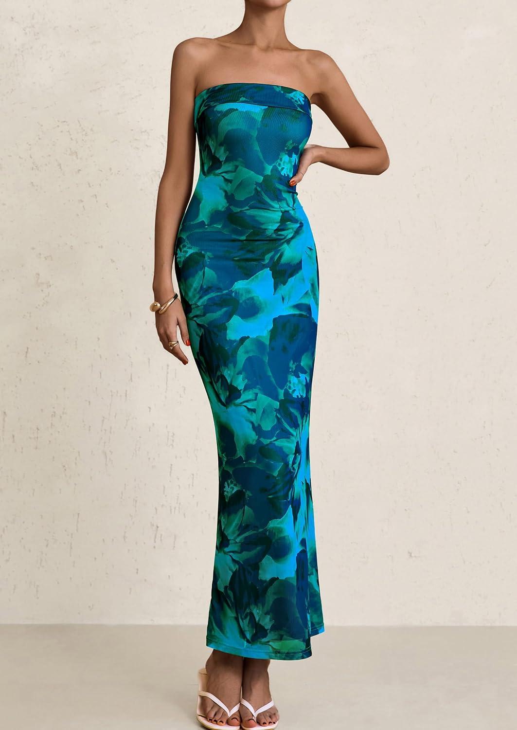 imagePRETTYGARDEN Womens Summer Printed Tube Maxi Dress Strapless Bodycon Sleeveless Long Beach Vacation DressesLake Blue Floral