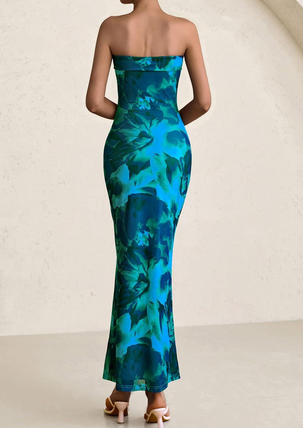 imagePRETTYGARDEN Womens Summer Printed Tube Maxi Dress Strapless Bodycon Sleeveless Long Beach Vacation DressesLake Blue Floral