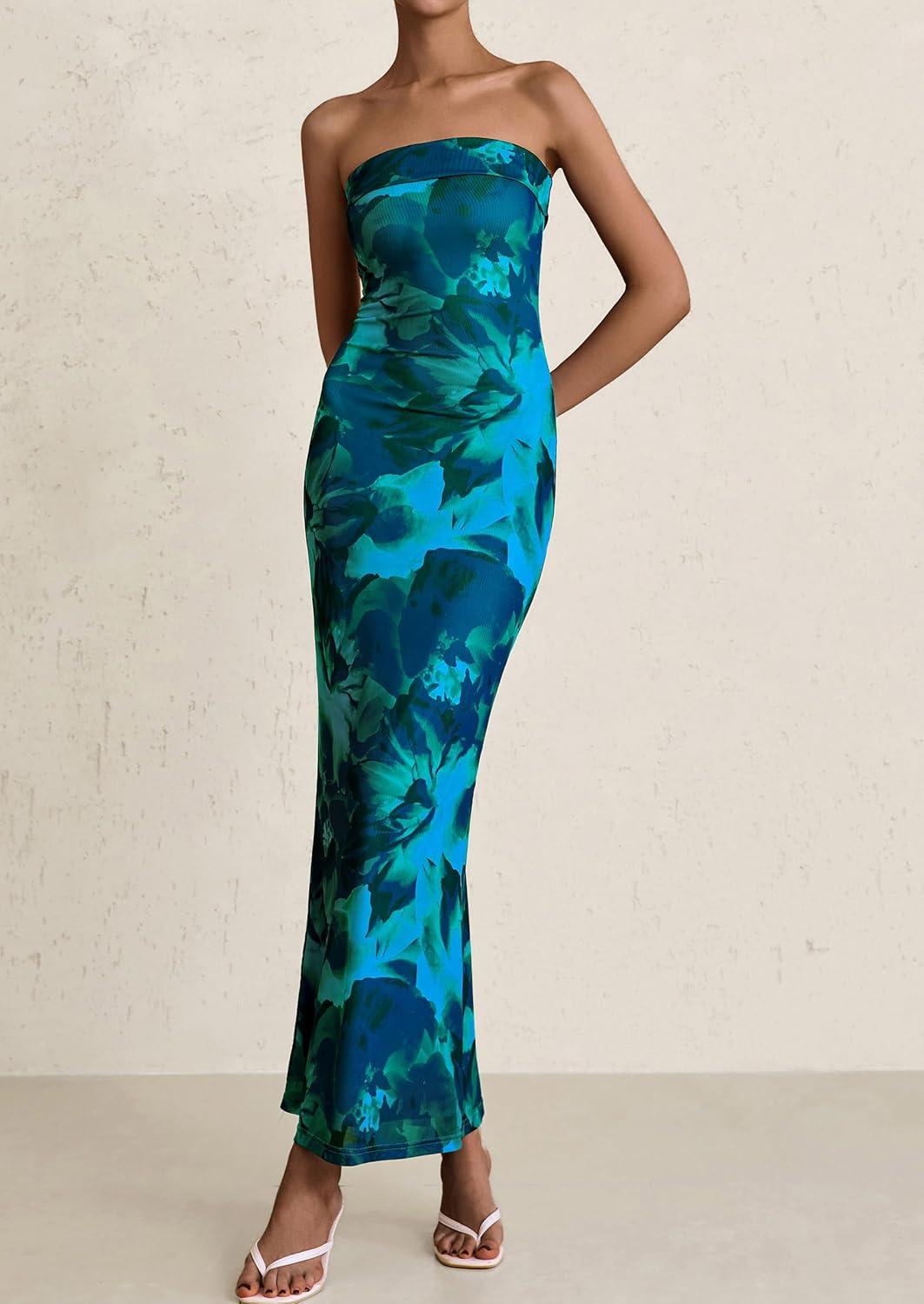 imagePRETTYGARDEN Womens Summer Printed Tube Maxi Dress Strapless Bodycon Sleeveless Long Beach Vacation DressesLake Blue Floral