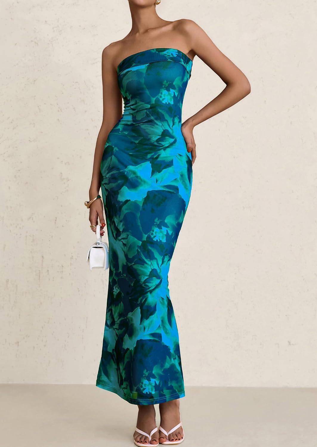 imagePRETTYGARDEN Womens Summer Printed Tube Maxi Dress Strapless Bodycon Sleeveless Long Beach Vacation DressesLake Blue Floral