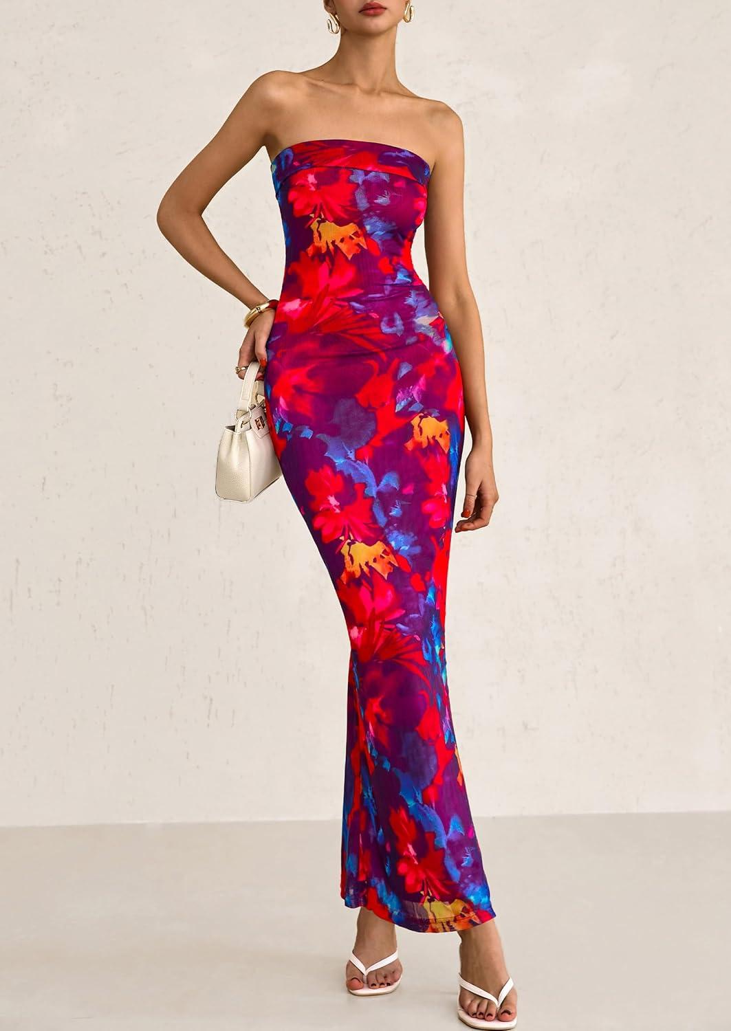 imagePRETTYGARDEN Womens Summer Printed Tube Maxi Dress Strapless Bodycon Sleeveless Long Beach Vacation DressesNavy Red Flower