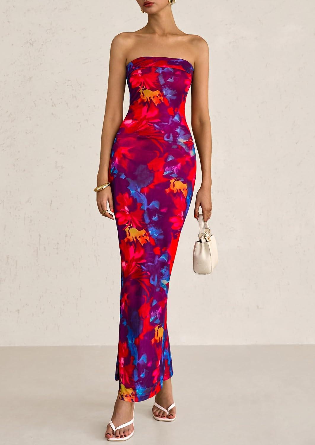 imagePRETTYGARDEN Womens Summer Printed Tube Maxi Dress Strapless Bodycon Sleeveless Long Beach Vacation DressesNavy Red Flower