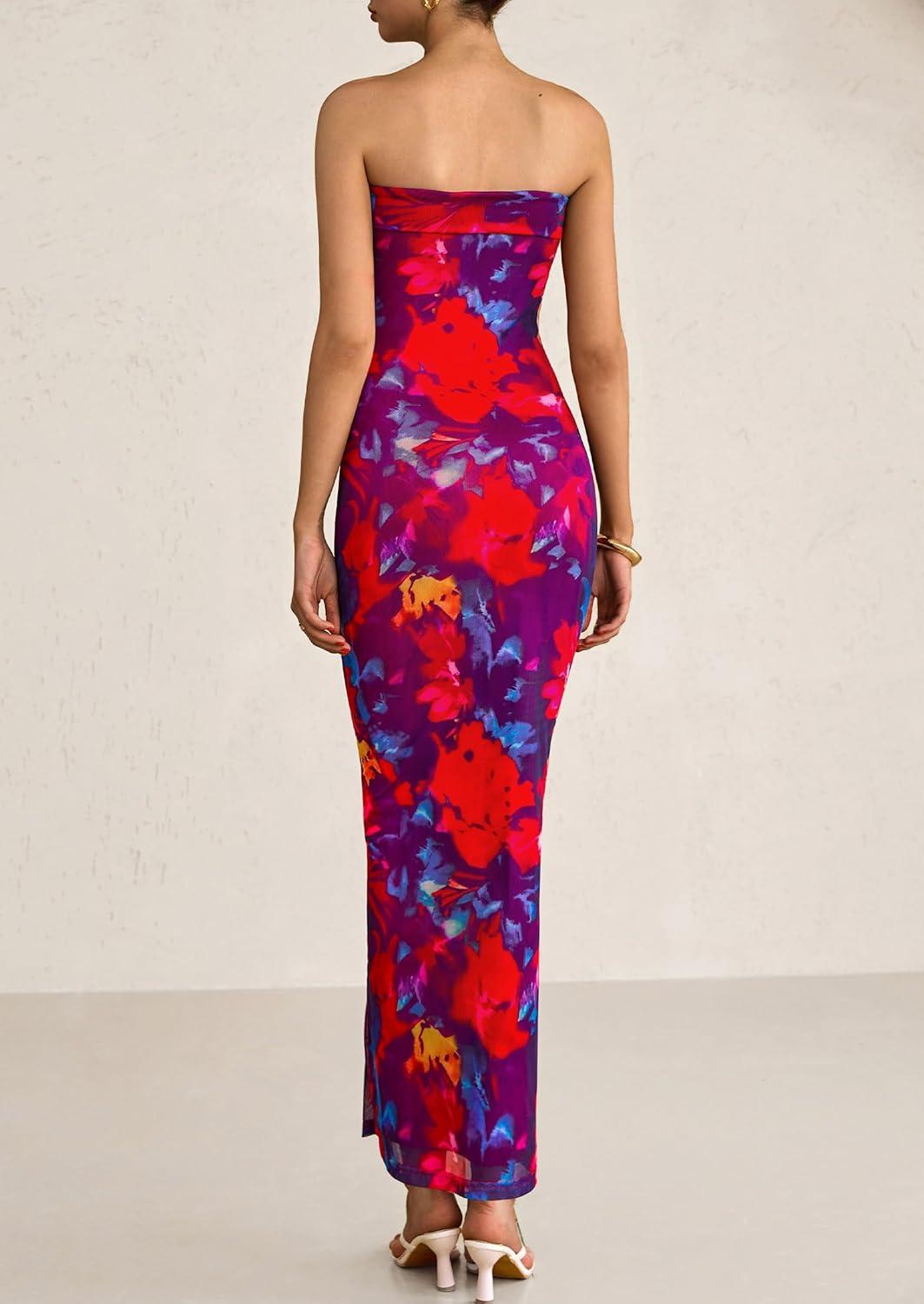 imagePRETTYGARDEN Womens Summer Printed Tube Maxi Dress Strapless Bodycon Sleeveless Long Beach Vacation DressesNavy Red Flower