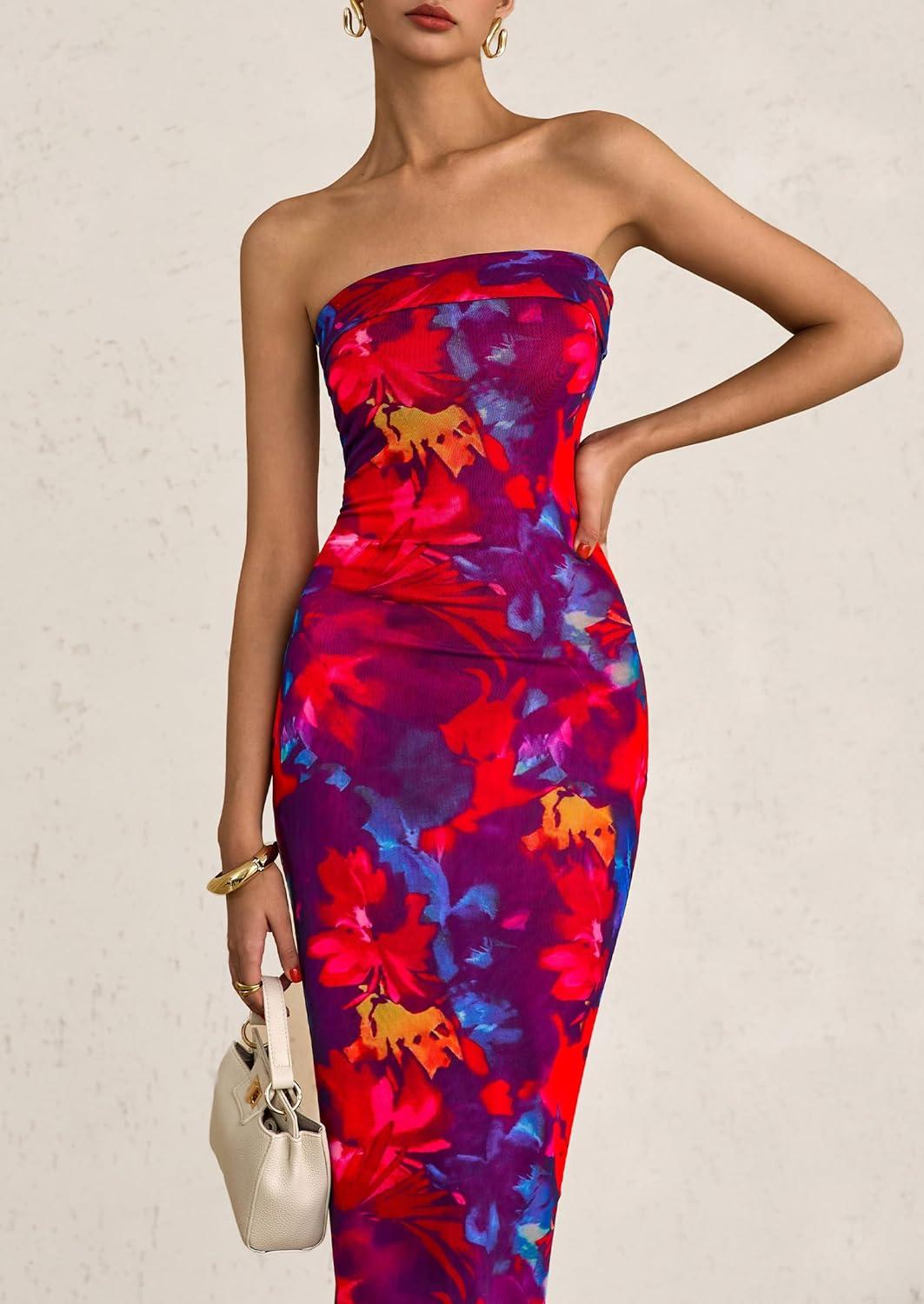 imagePRETTYGARDEN Womens Summer Printed Tube Maxi Dress Strapless Bodycon Sleeveless Long Beach Vacation DressesNavy Red Flower