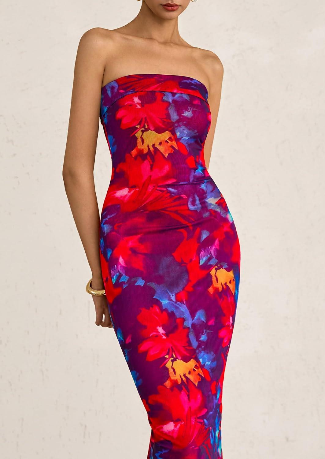 imagePRETTYGARDEN Womens Summer Printed Tube Maxi Dress Strapless Bodycon Sleeveless Long Beach Vacation DressesNavy Red Flower