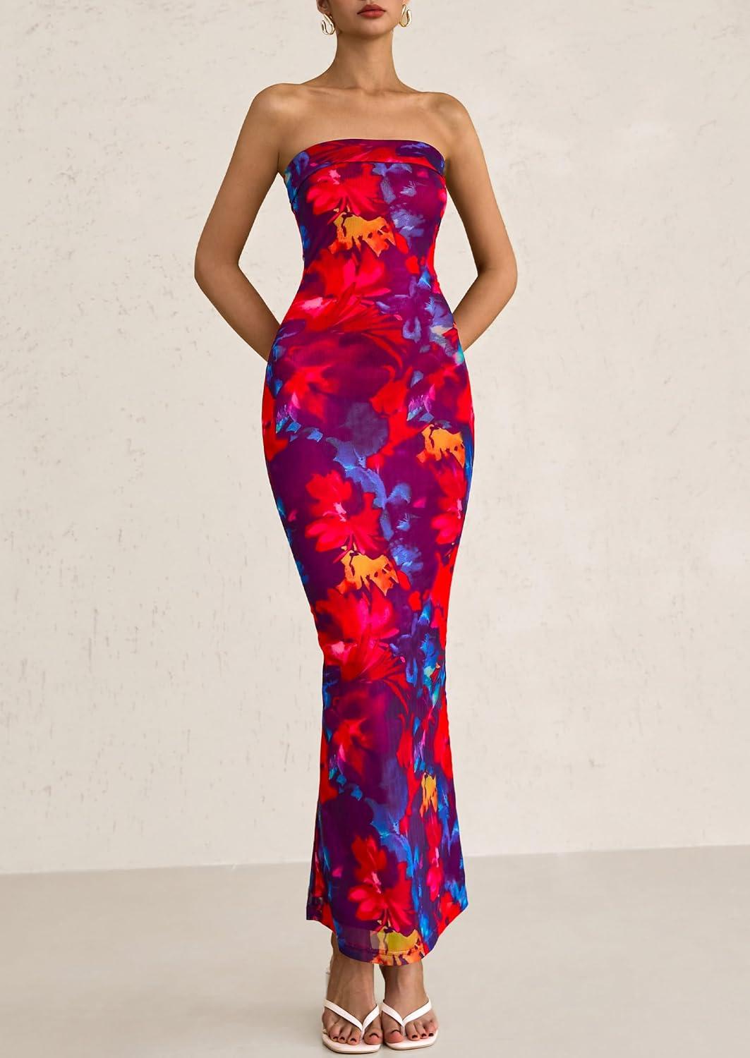 imagePRETTYGARDEN Womens Summer Printed Tube Maxi Dress Strapless Bodycon Sleeveless Long Beach Vacation DressesNavy Red Flower