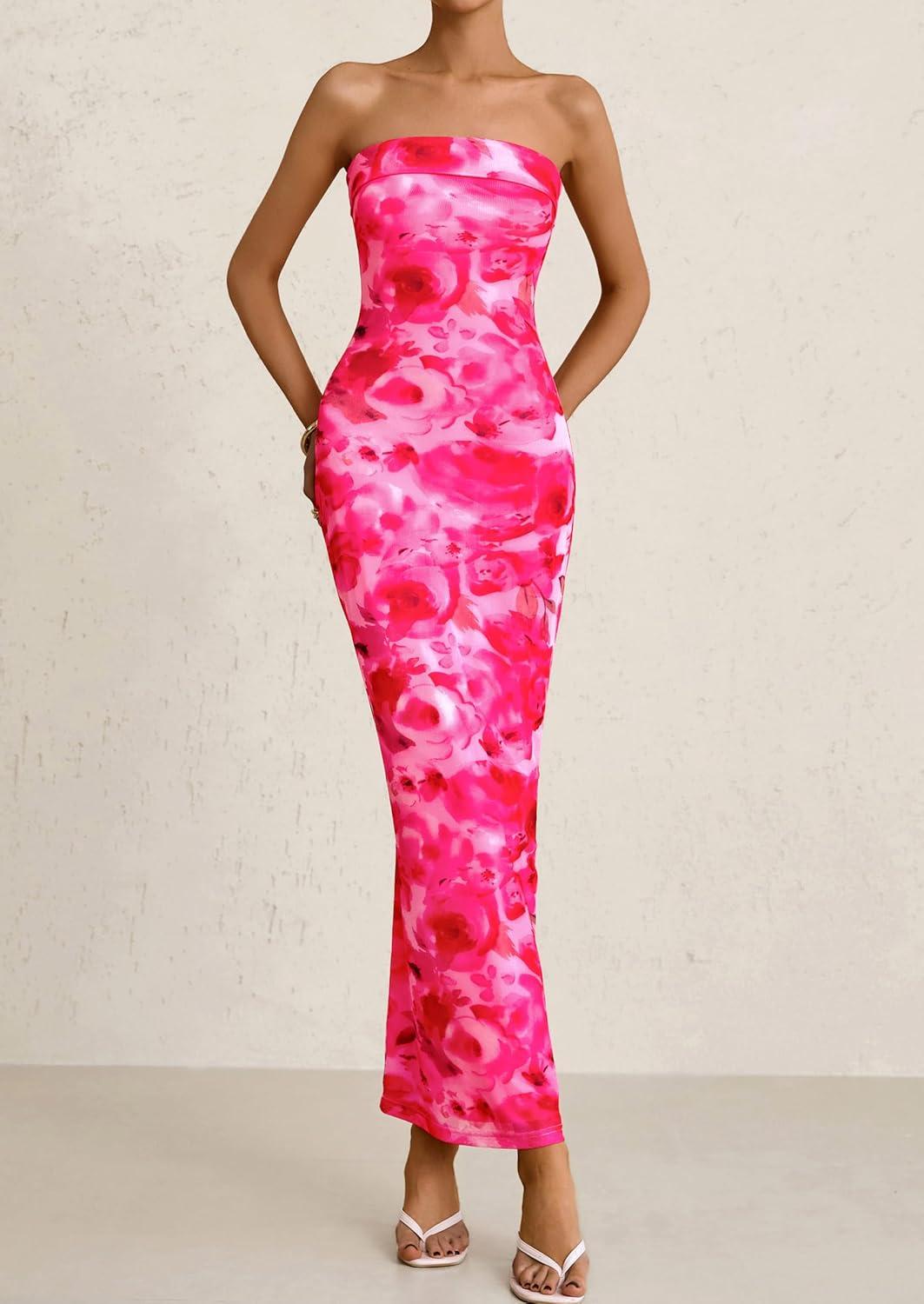 imagePRETTYGARDEN Womens Summer Printed Tube Maxi Dress Strapless Bodycon Sleeveless Long Beach Vacation DressesPink Floral