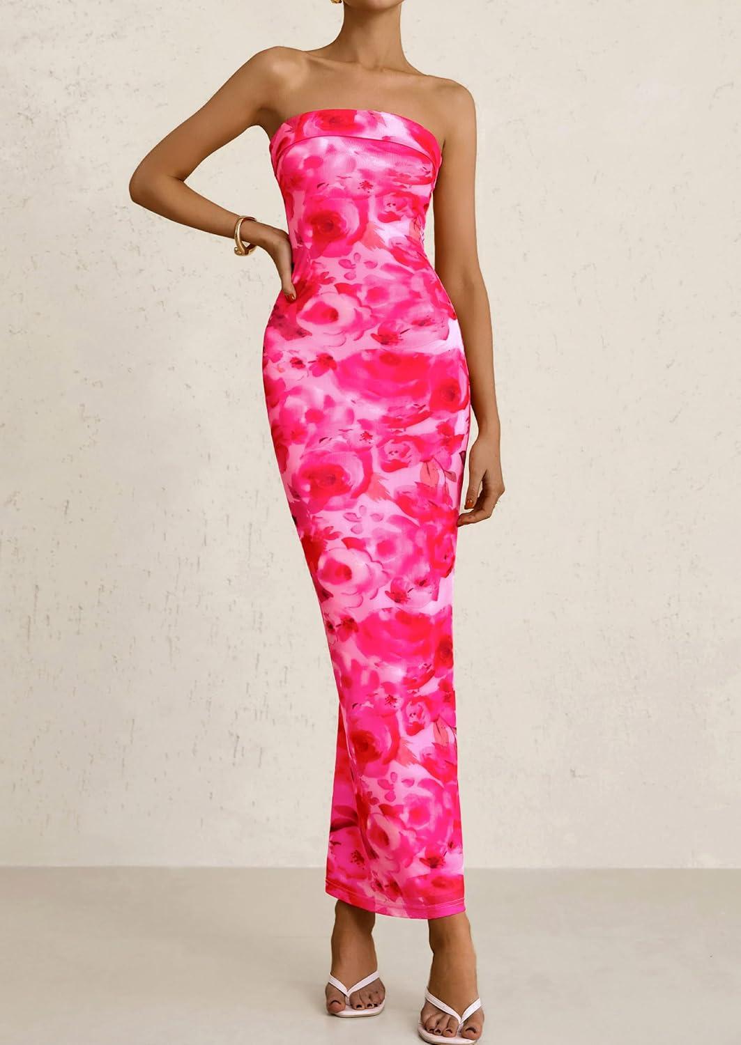 imagePRETTYGARDEN Womens Summer Printed Tube Maxi Dress Strapless Bodycon Sleeveless Long Beach Vacation DressesPink Floral