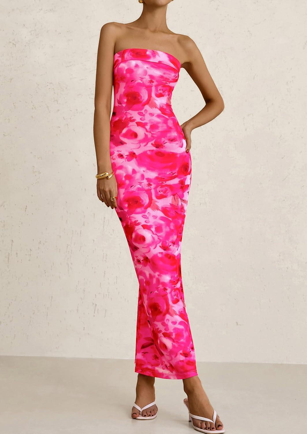imagePRETTYGARDEN Womens Summer Printed Tube Maxi Dress Strapless Bodycon Sleeveless Long Beach Vacation DressesPink Floral