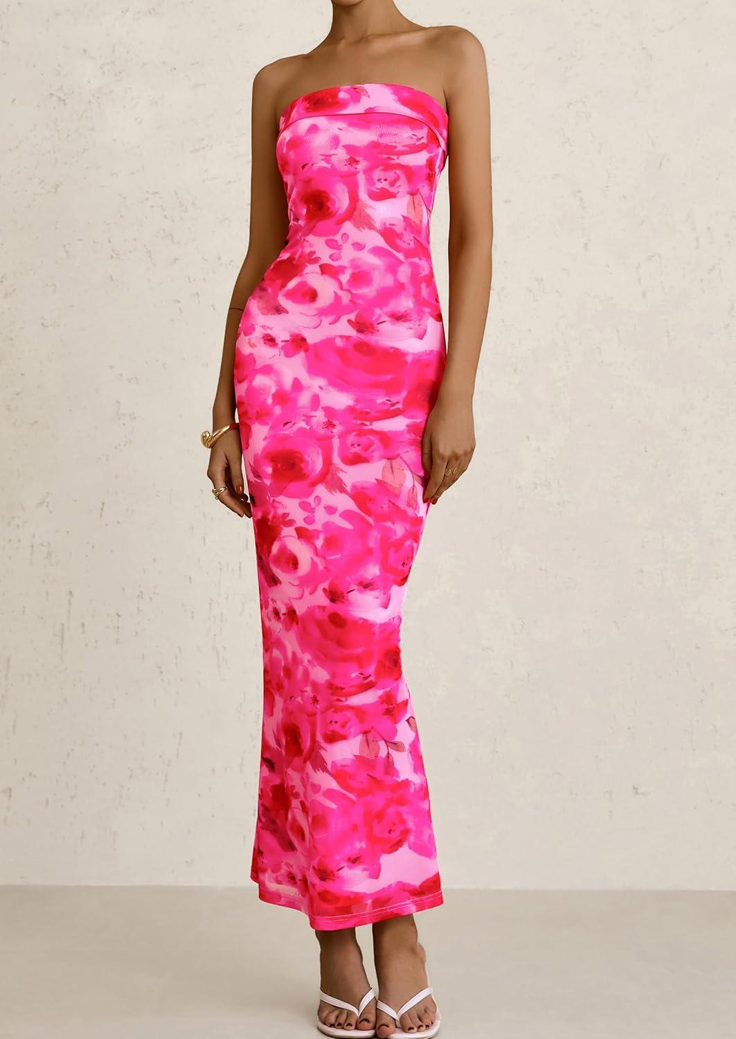 imagePRETTYGARDEN Womens Summer Printed Tube Maxi Dress Strapless Bodycon Sleeveless Long Beach Vacation DressesPink Floral
