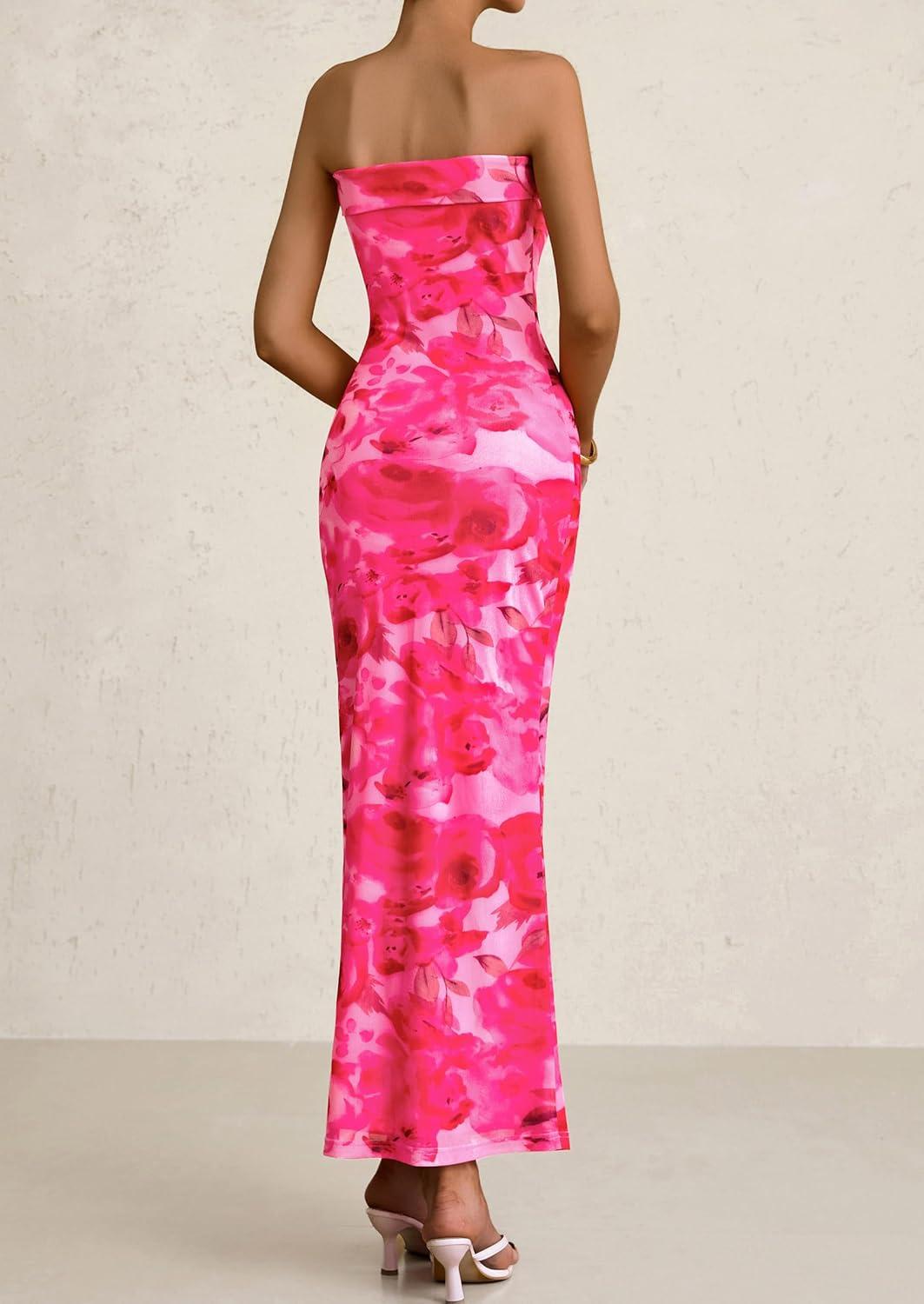imagePRETTYGARDEN Womens Summer Printed Tube Maxi Dress Strapless Bodycon Sleeveless Long Beach Vacation DressesPink Floral