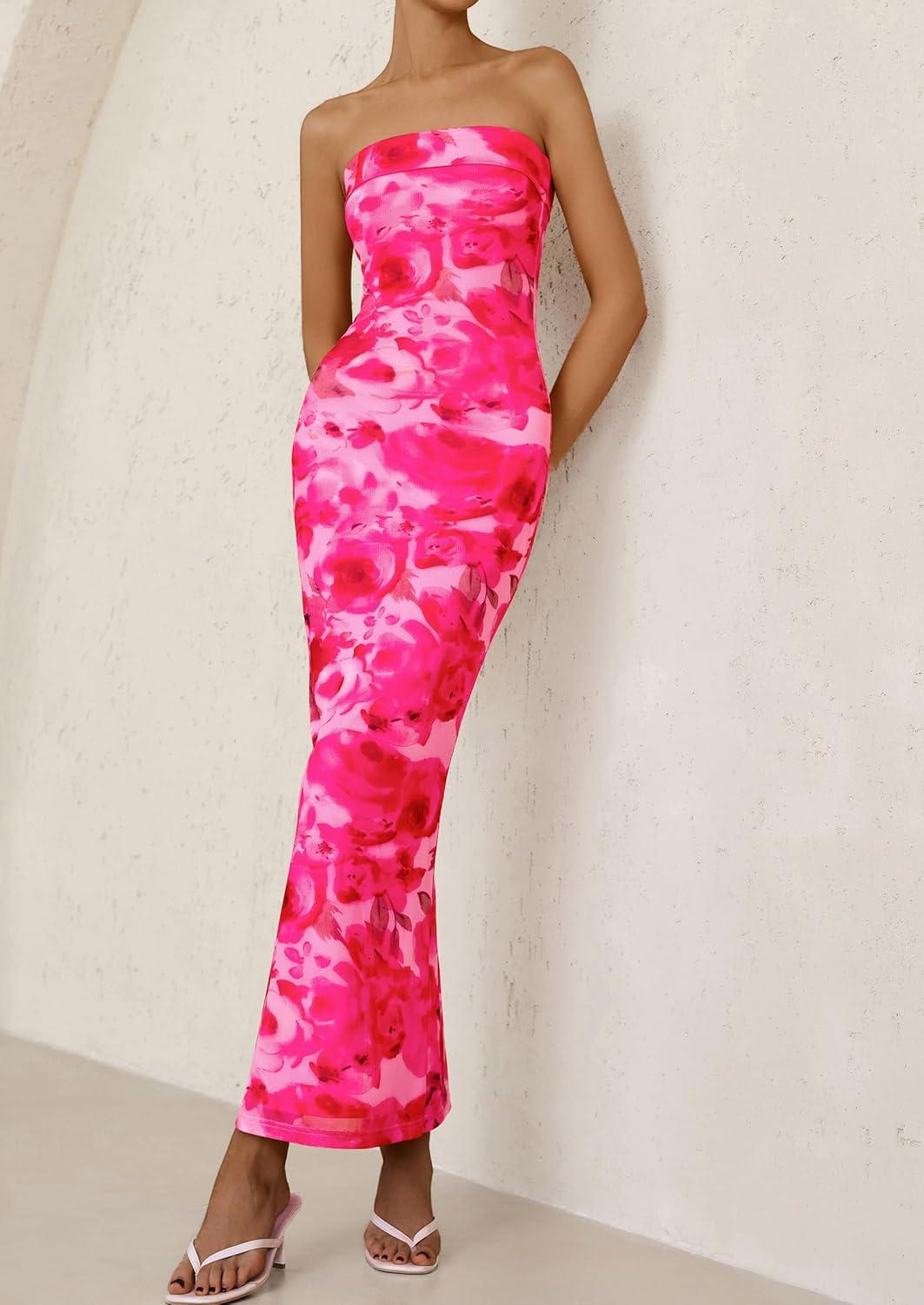 imagePRETTYGARDEN Womens Summer Printed Tube Maxi Dress Strapless Bodycon Sleeveless Long Beach Vacation DressesPink Floral